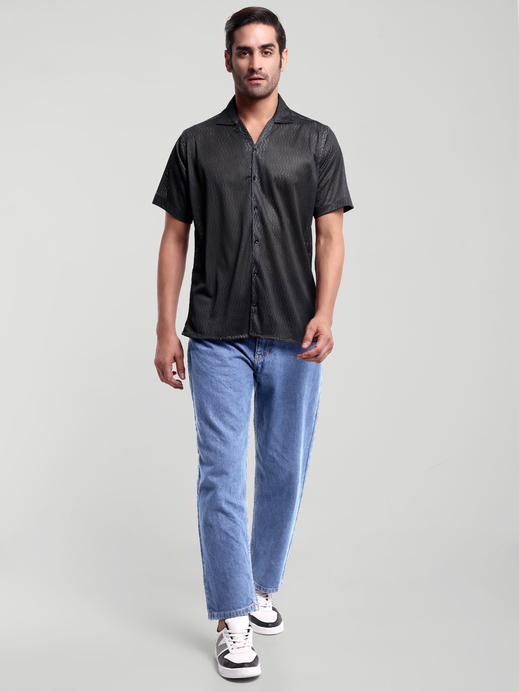 Luxurit Men's Black Textured Short Sleeve Shirt - Stylish and Comfortable