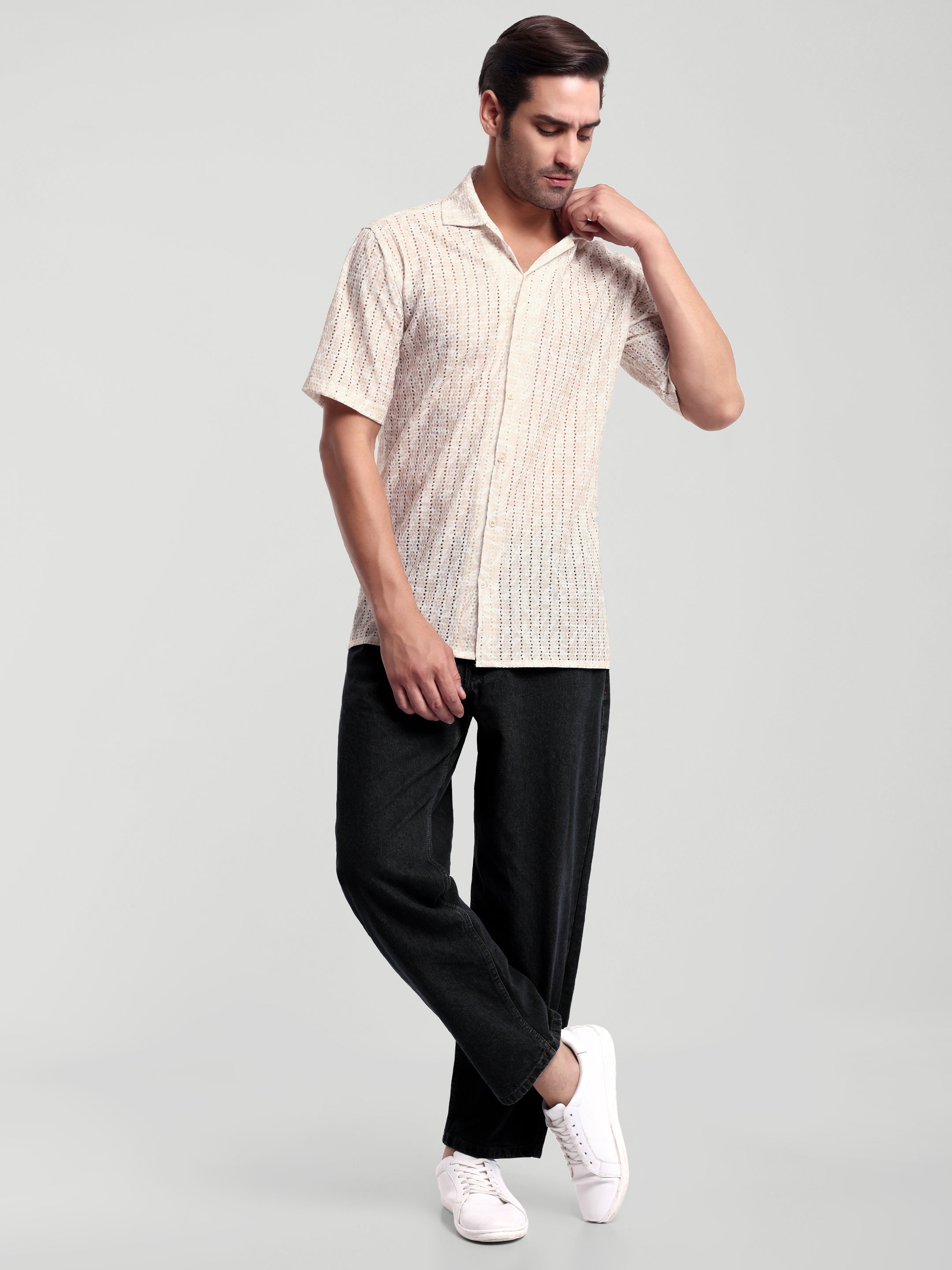 Luxurit Men's Self Design Casual Beige Color Shirt