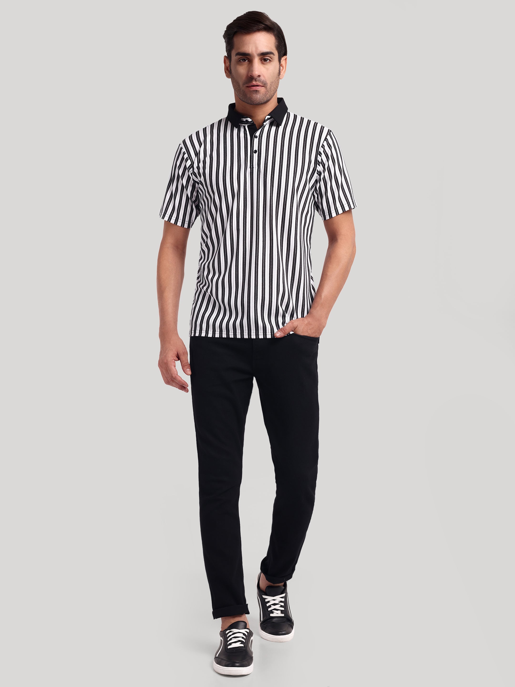 Luxurit Striped Polo Neck Pure Cotton Black & White Men's T-Shirt