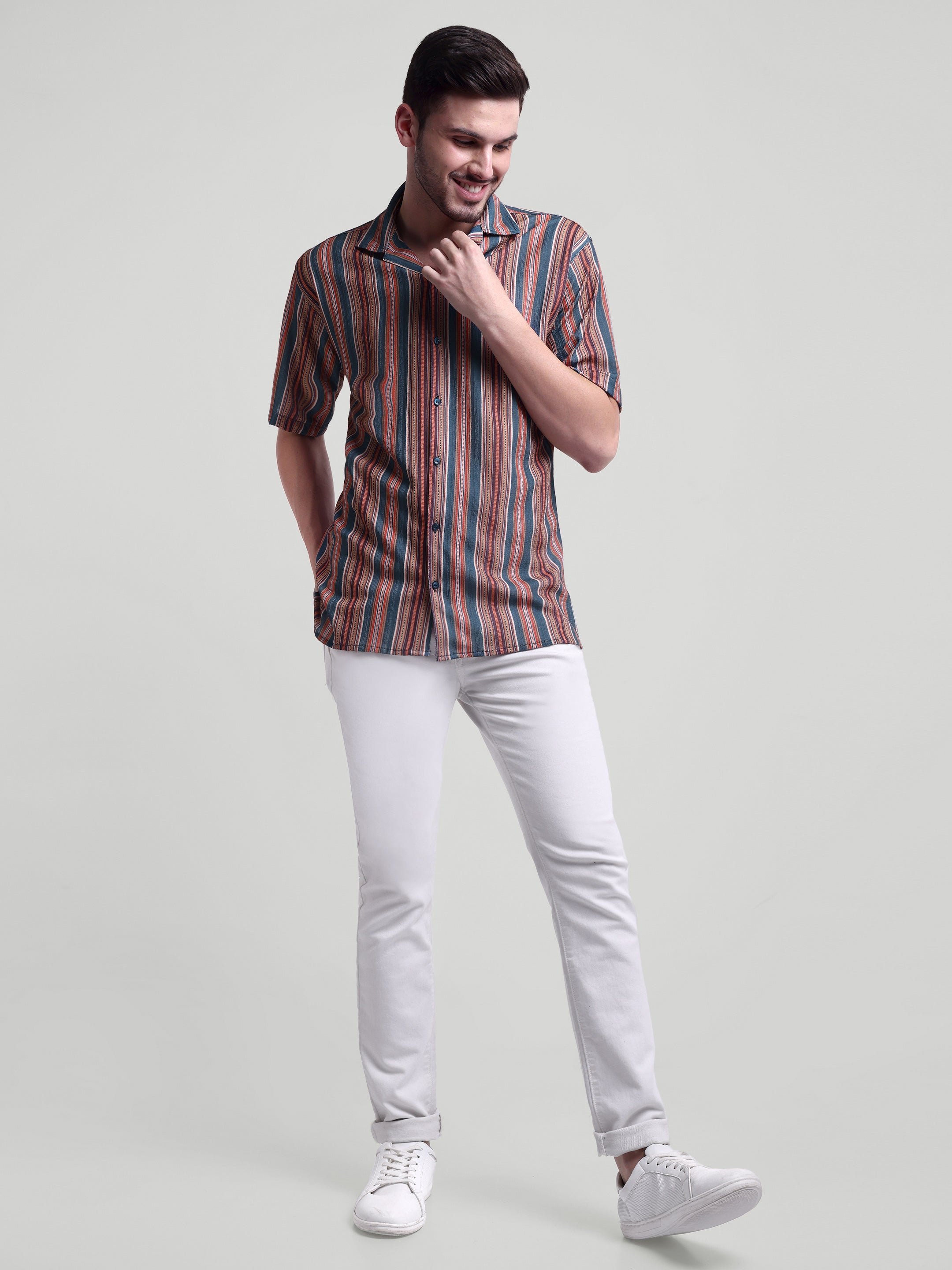 Luxurit Men's Pure Cotton Striped Casual Shirt - Multi-Color, Short Sleeves
