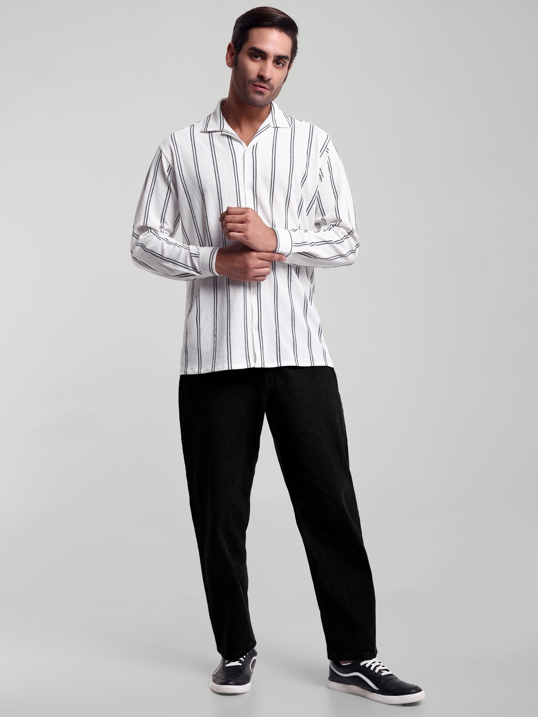 Luxurit Men Relaxed Fit Fit Striped, Self Design Button Down Collar Casual Shirt