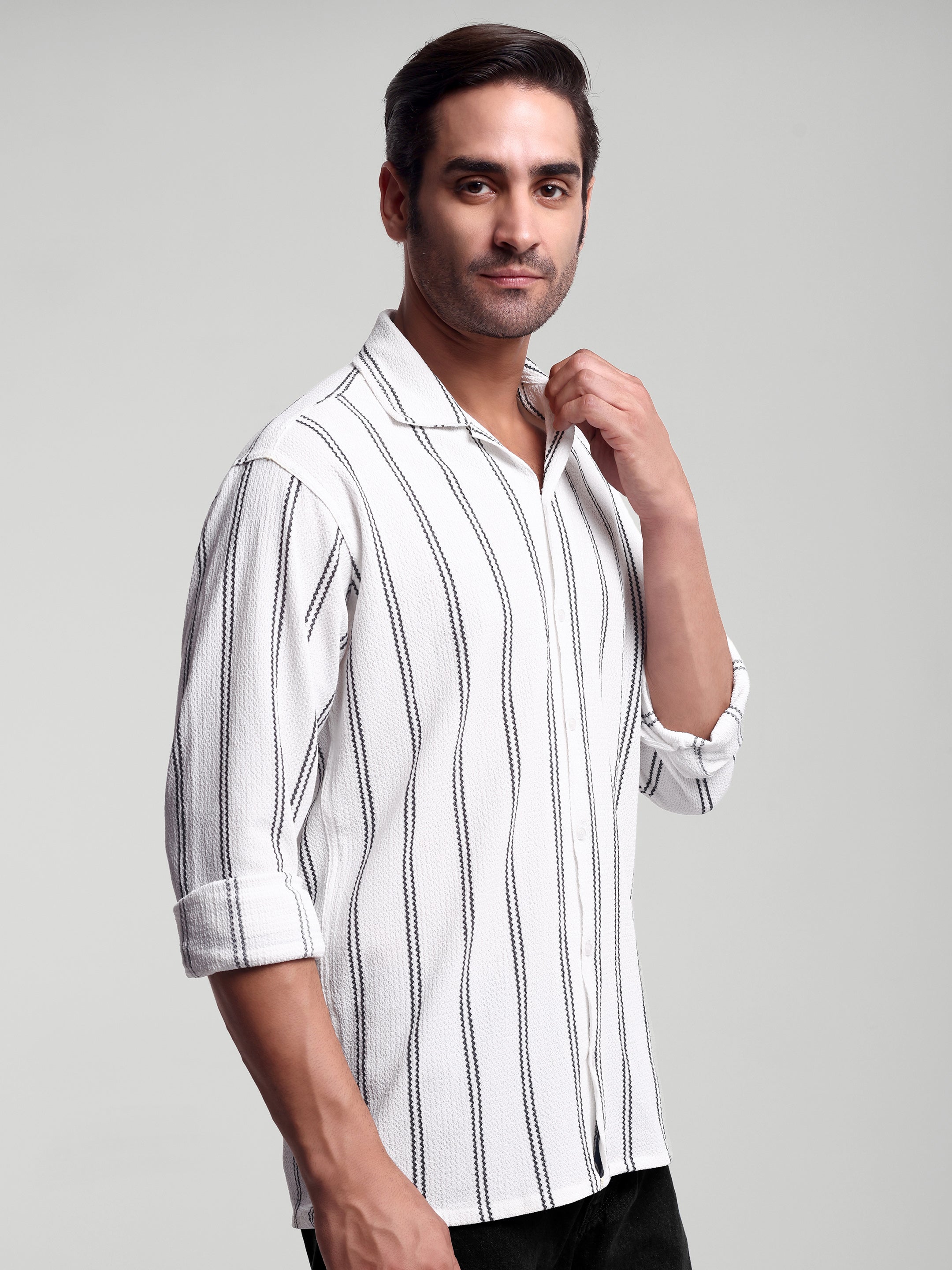 Luxurit Men Relaxed Fit Fit Striped, Self Design Button Down Collar Casual Shirt