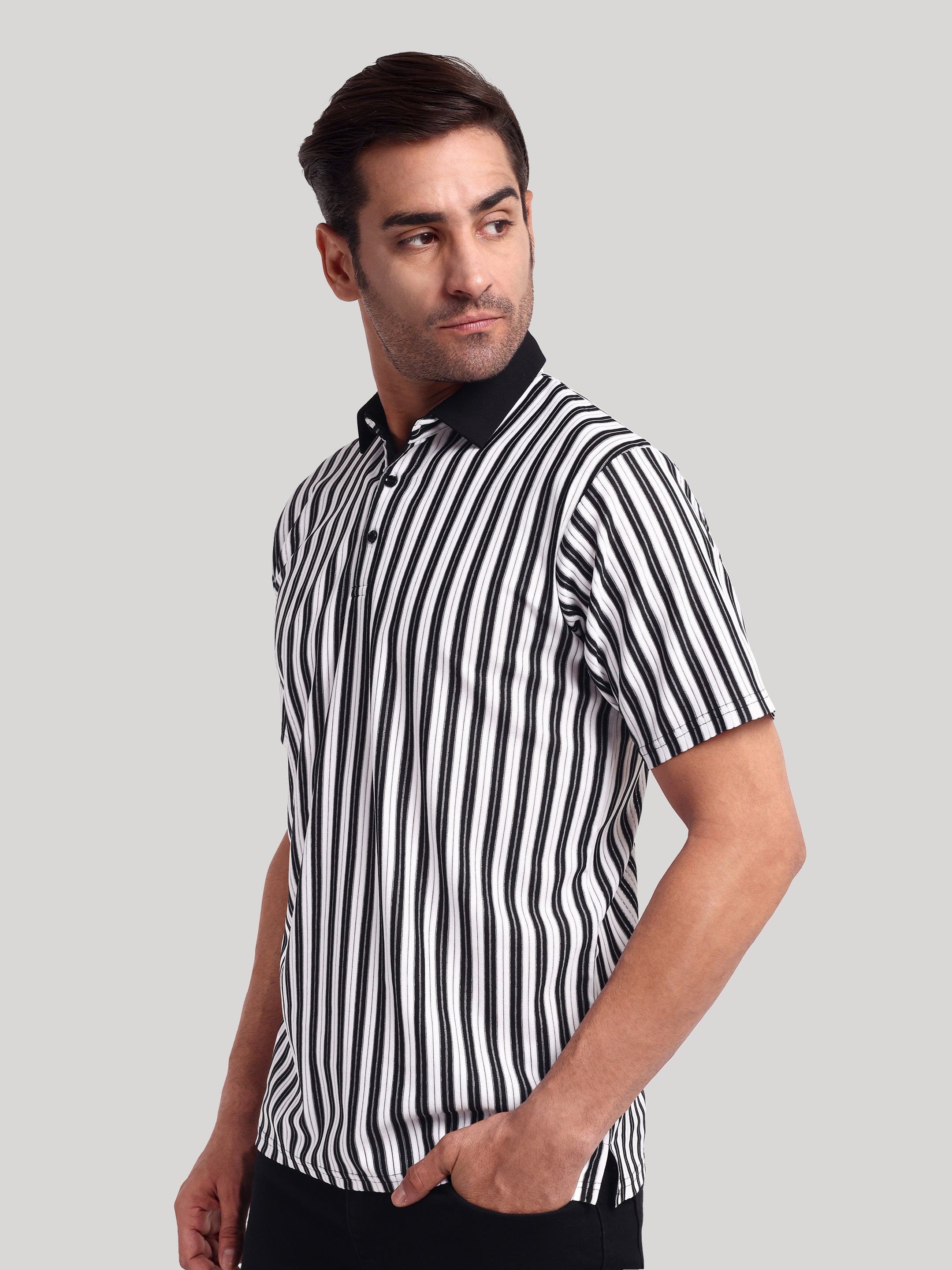 Luxurit Striped Polo Neck Pure Cotton Black & White Men's T-Shirt