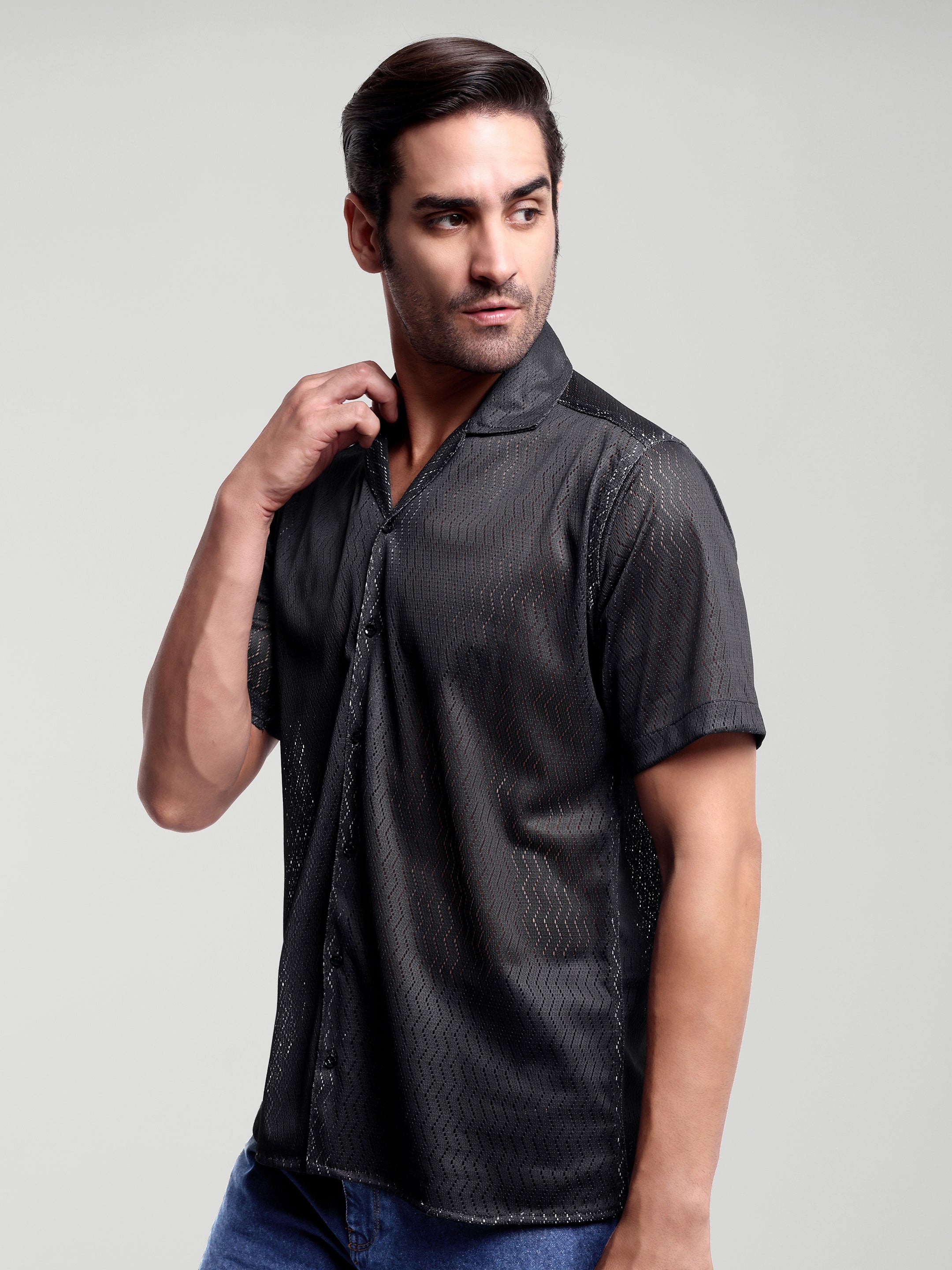 Luxurit Men's Black Textured Short Sleeve Shirt - Stylish and Comfortable