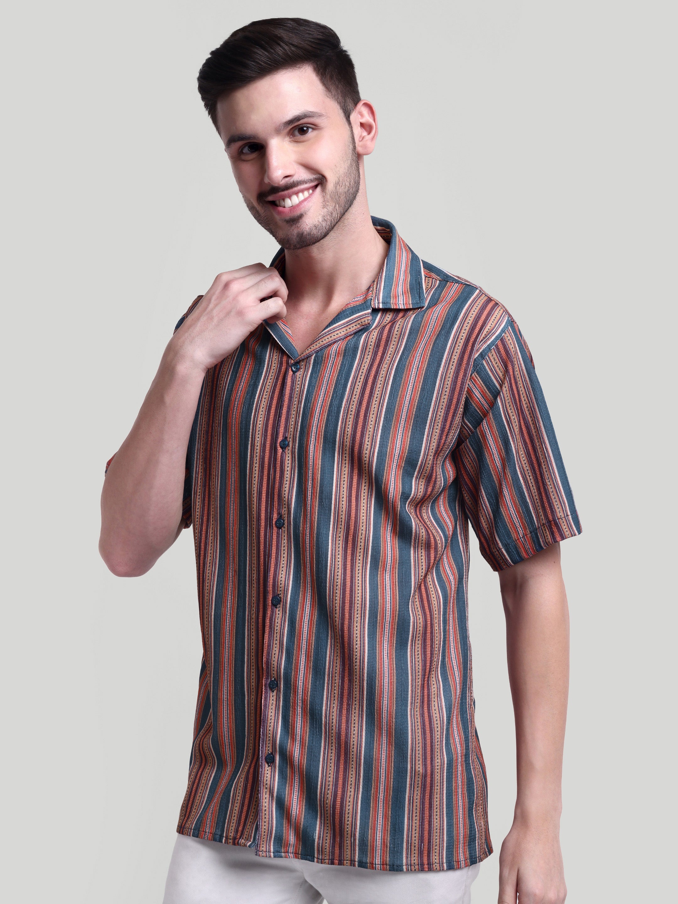 Luxurit Men's Pure Cotton Striped Casual Shirt - Multi-Color, Short Sleeves