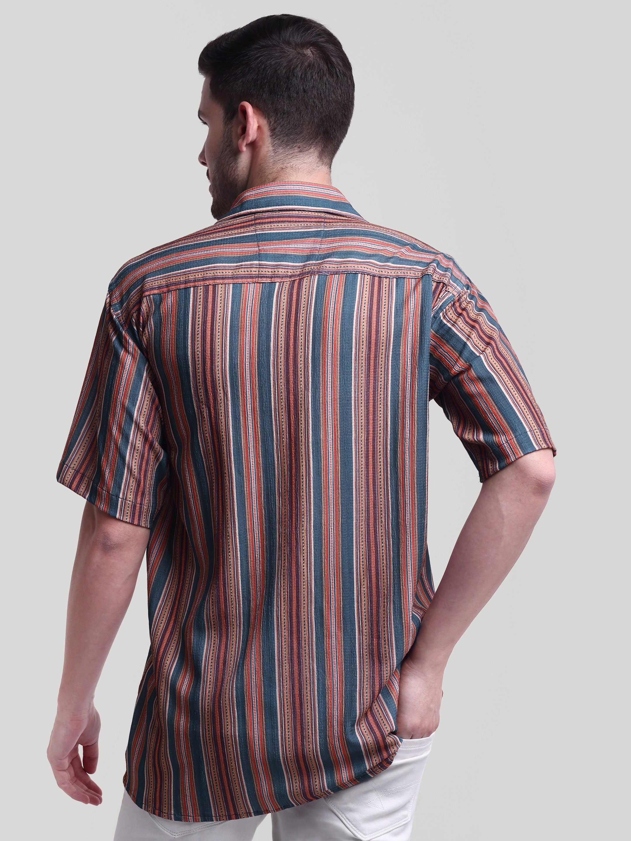 Luxurit Men's Pure Cotton Striped Casual Shirt - Multi-Color, Short Sleeves