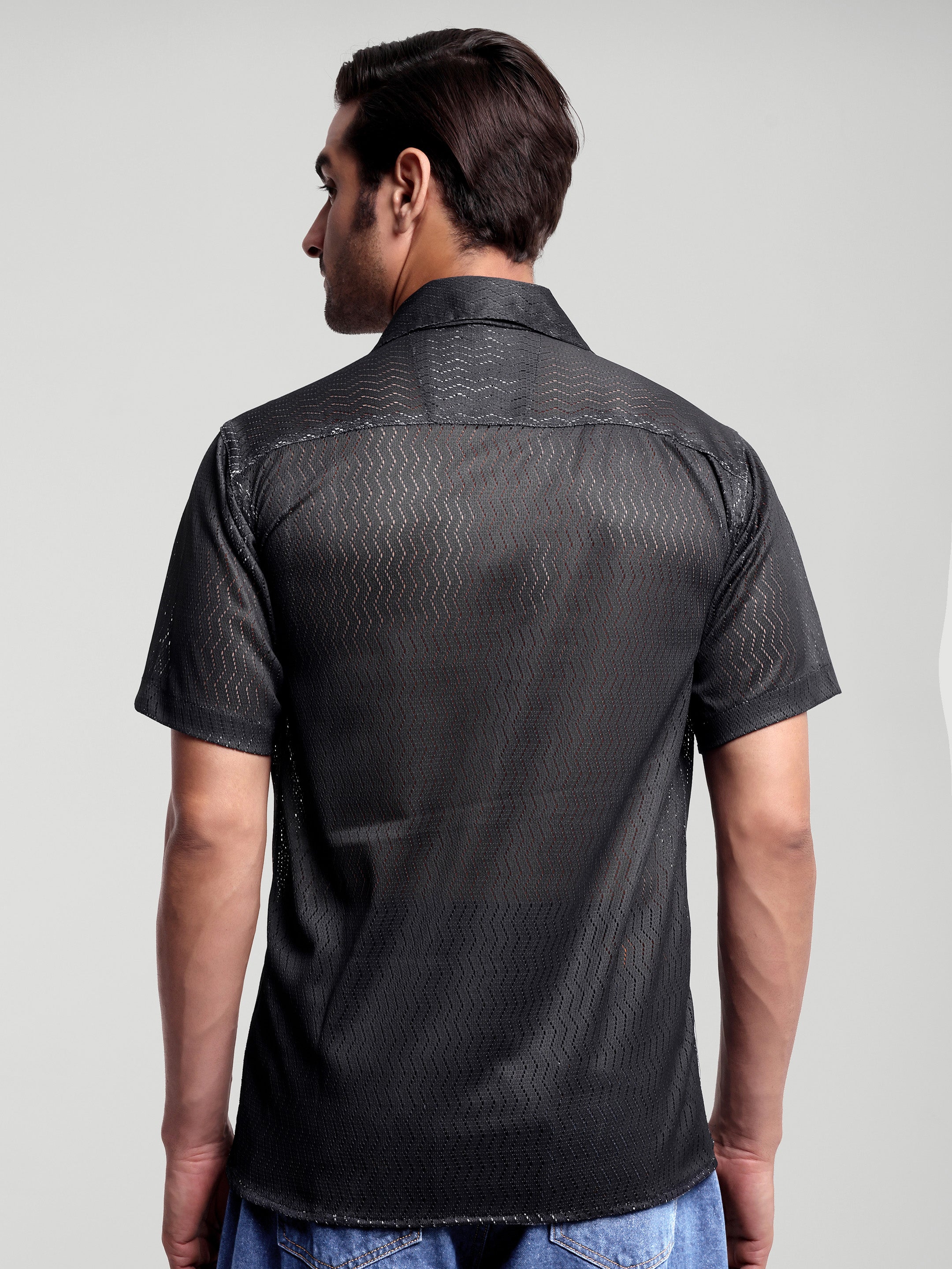 Luxurit Men's Black Textured Short Sleeve Shirt - Stylish and Comfortable