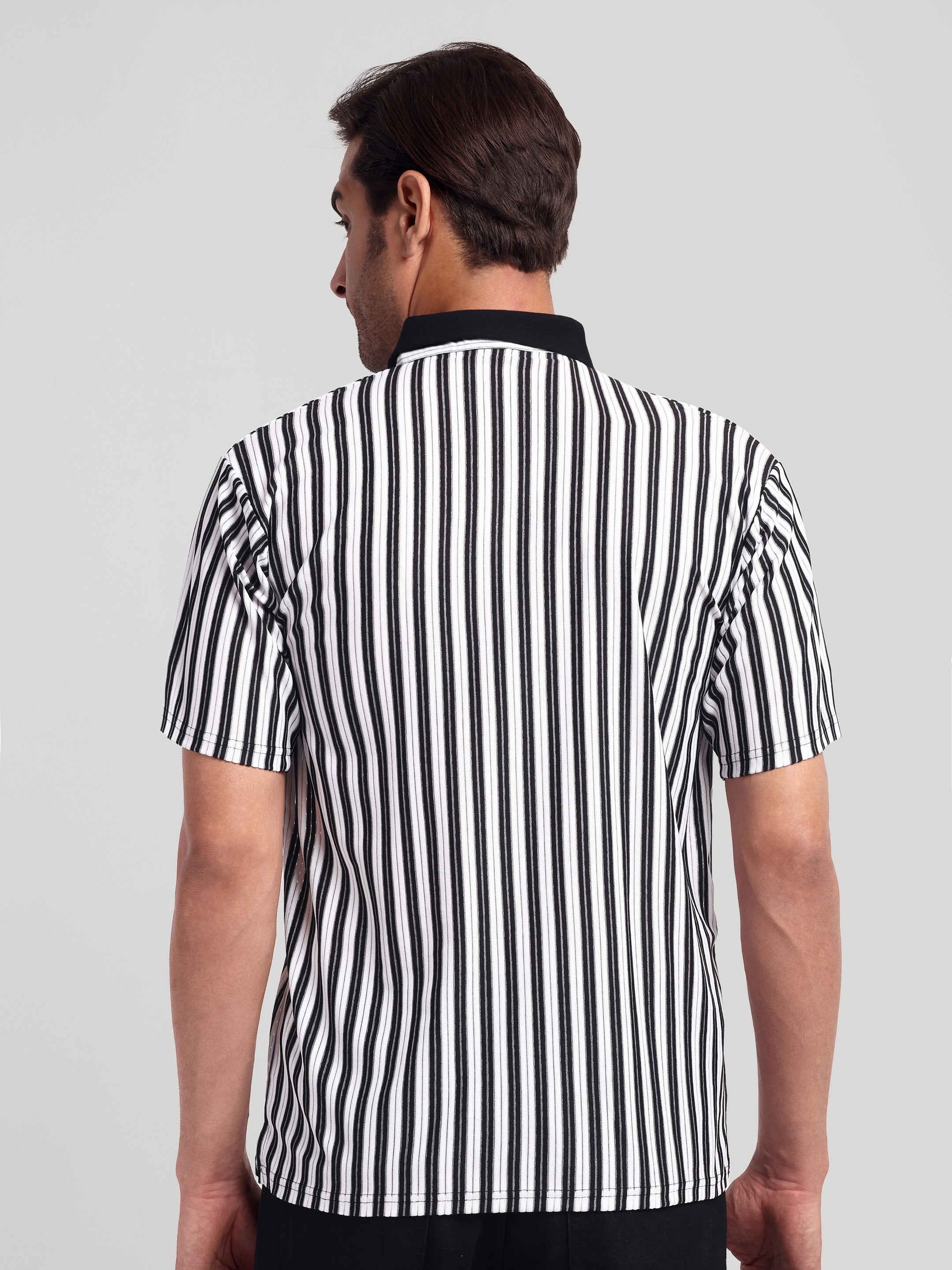 Luxurit Striped Polo Neck Pure Cotton Black & White Men's T-Shirt