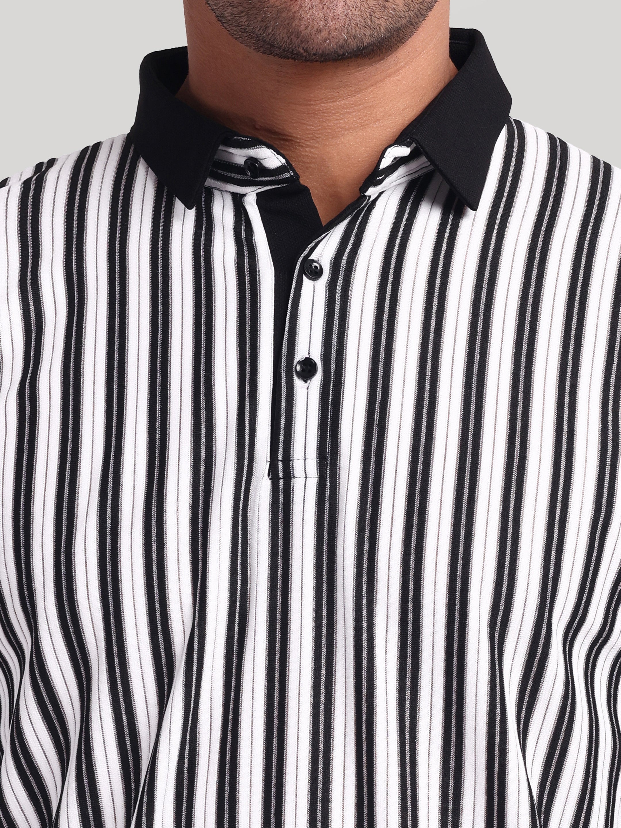 Luxurit Striped Polo Neck Pure Cotton Black & White Men's T-Shirt