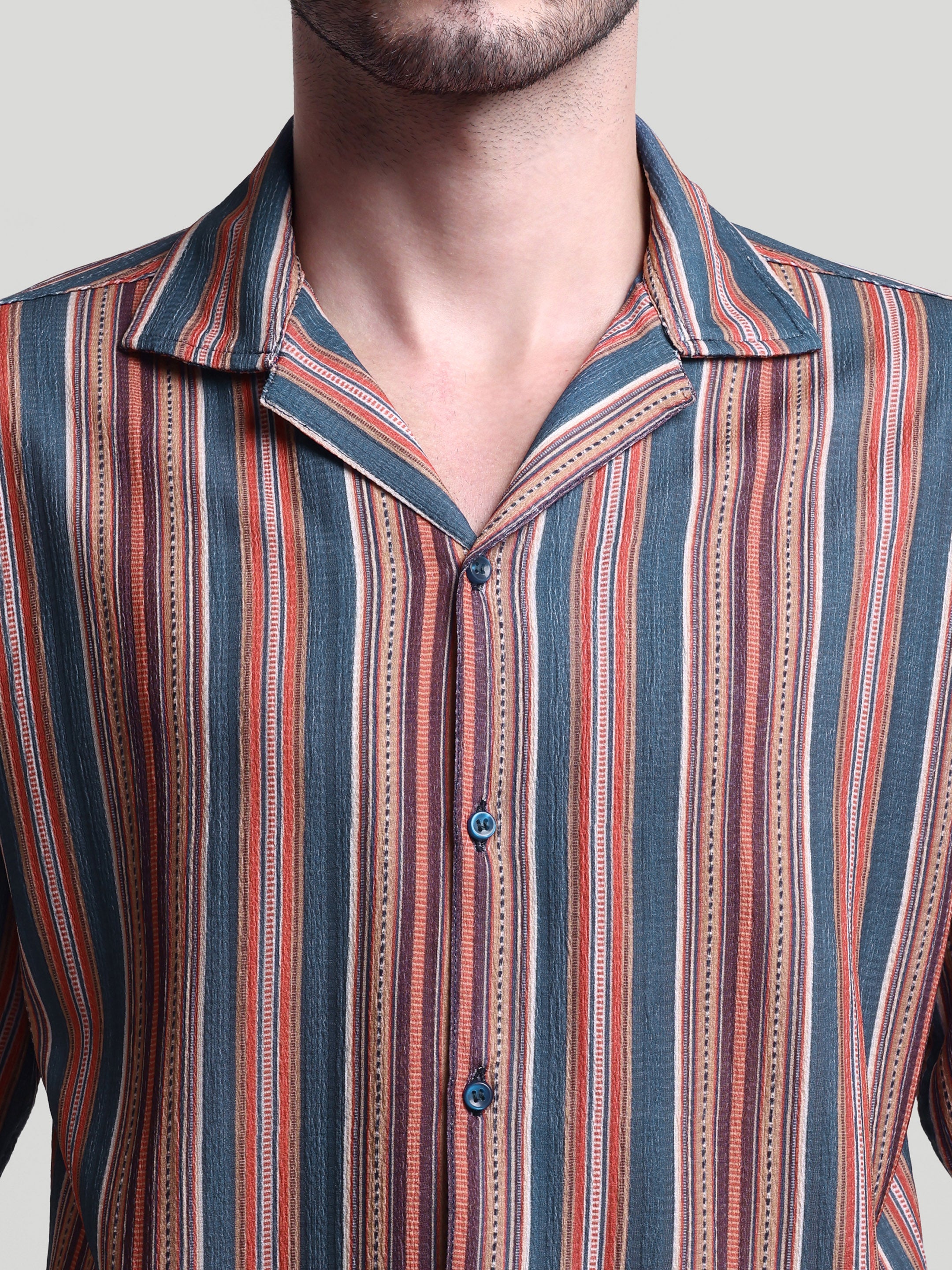 Luxurit Men's Pure Cotton Striped Casual Shirt - Multi-Color, Short Sleeves