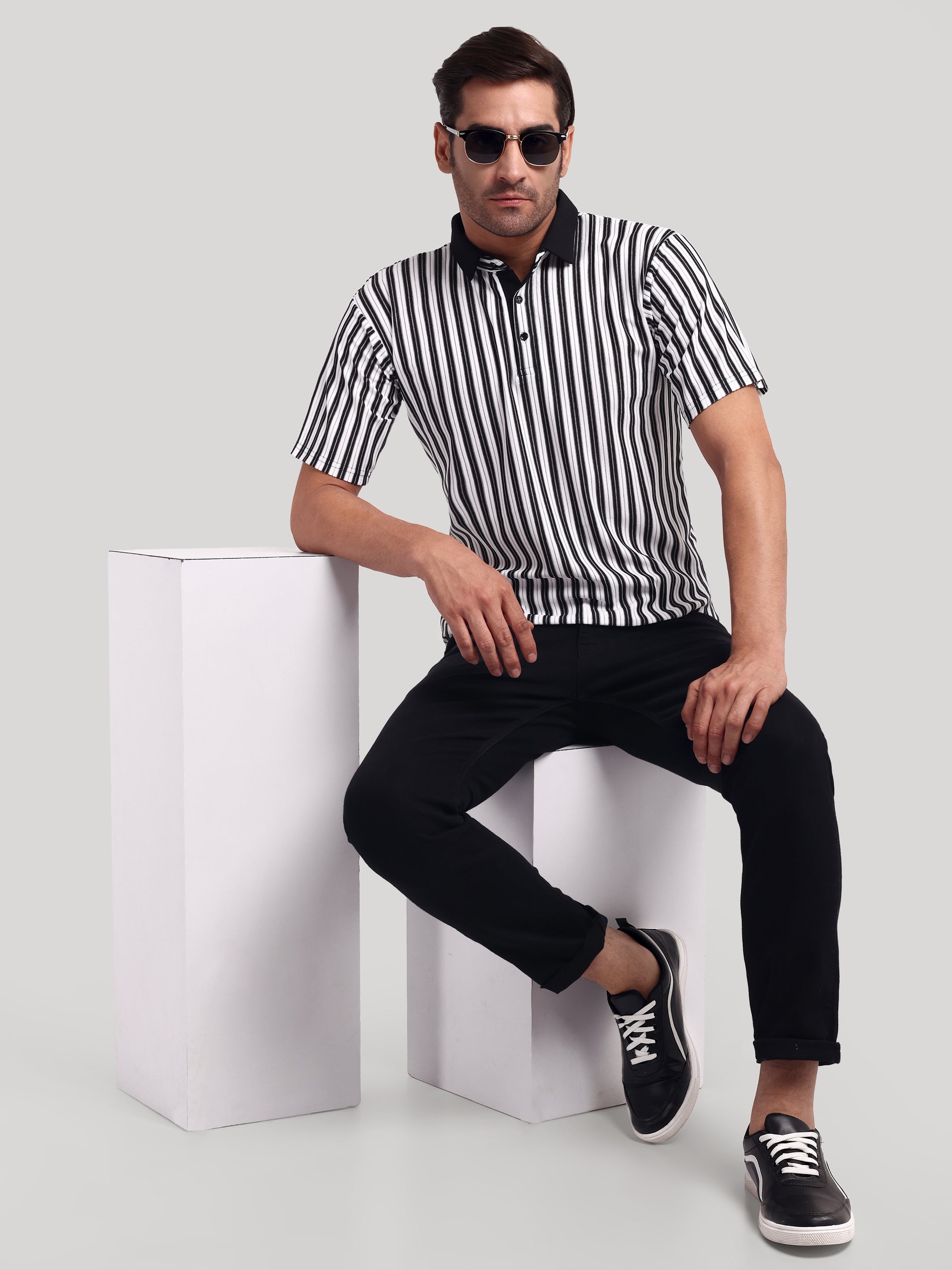 Luxurit Striped Polo Neck Pure Cotton Black & White Men's T-Shirt