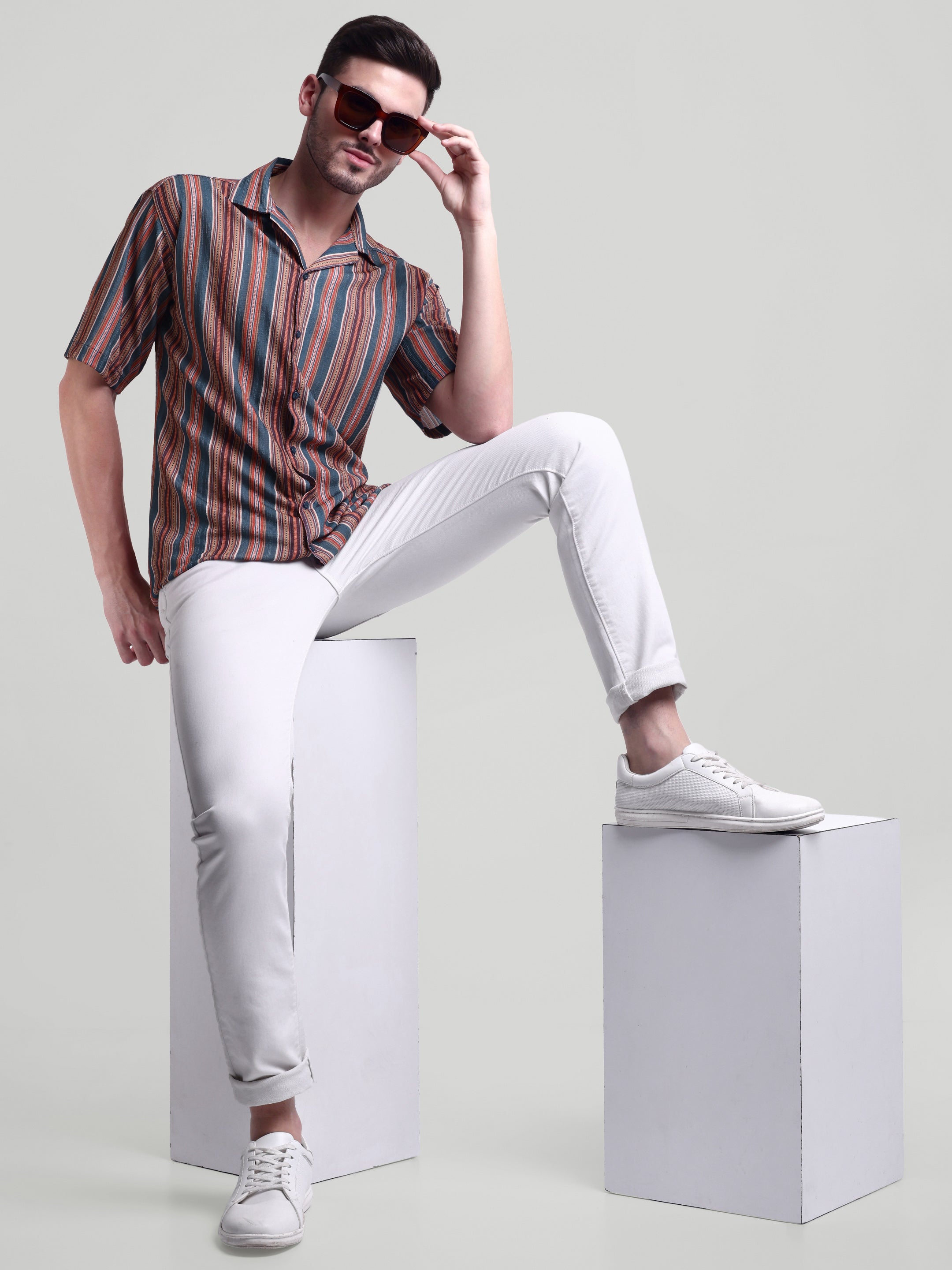 Luxurit Men's Pure Cotton Striped Casual Shirt - Multi-Color, Short Sleeves
