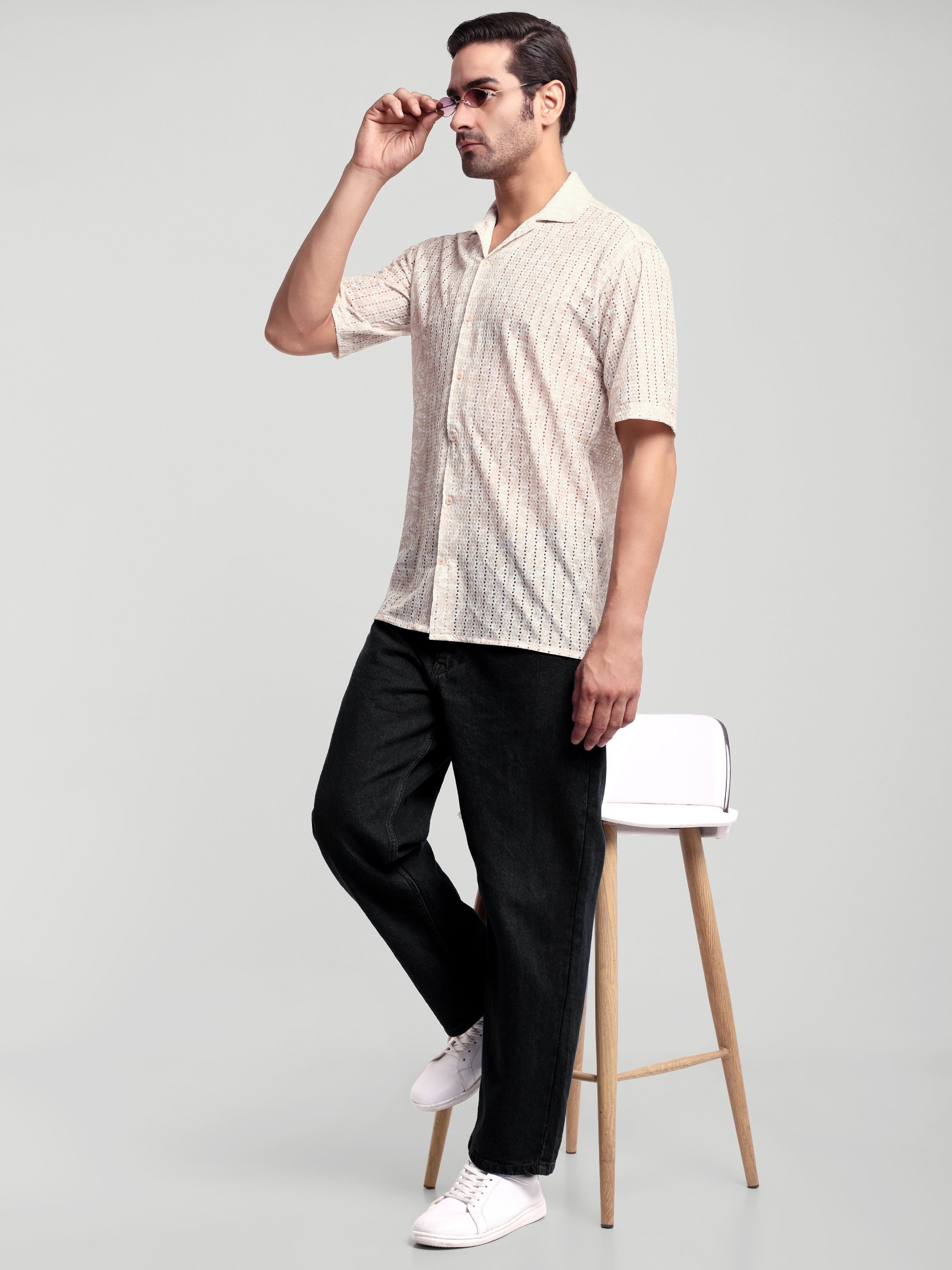 Luxurit Men's Self Design Casual Beige Color Shirt