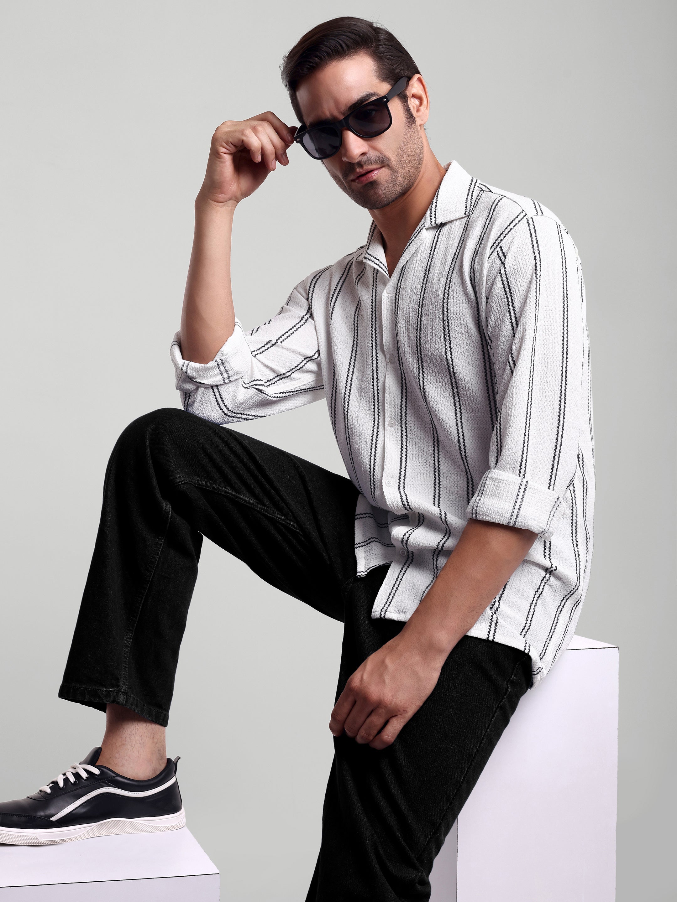 Luxurit Men Relaxed Fit Fit Striped, Self Design Button Down Collar Casual Shirt