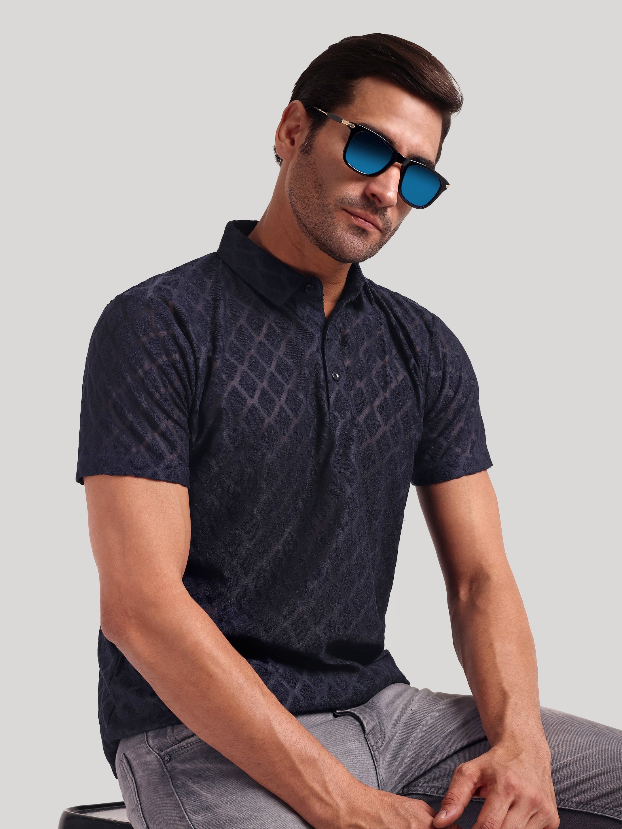 Luxurit Self Design Polo Neck Cotton Men's T-Shirt