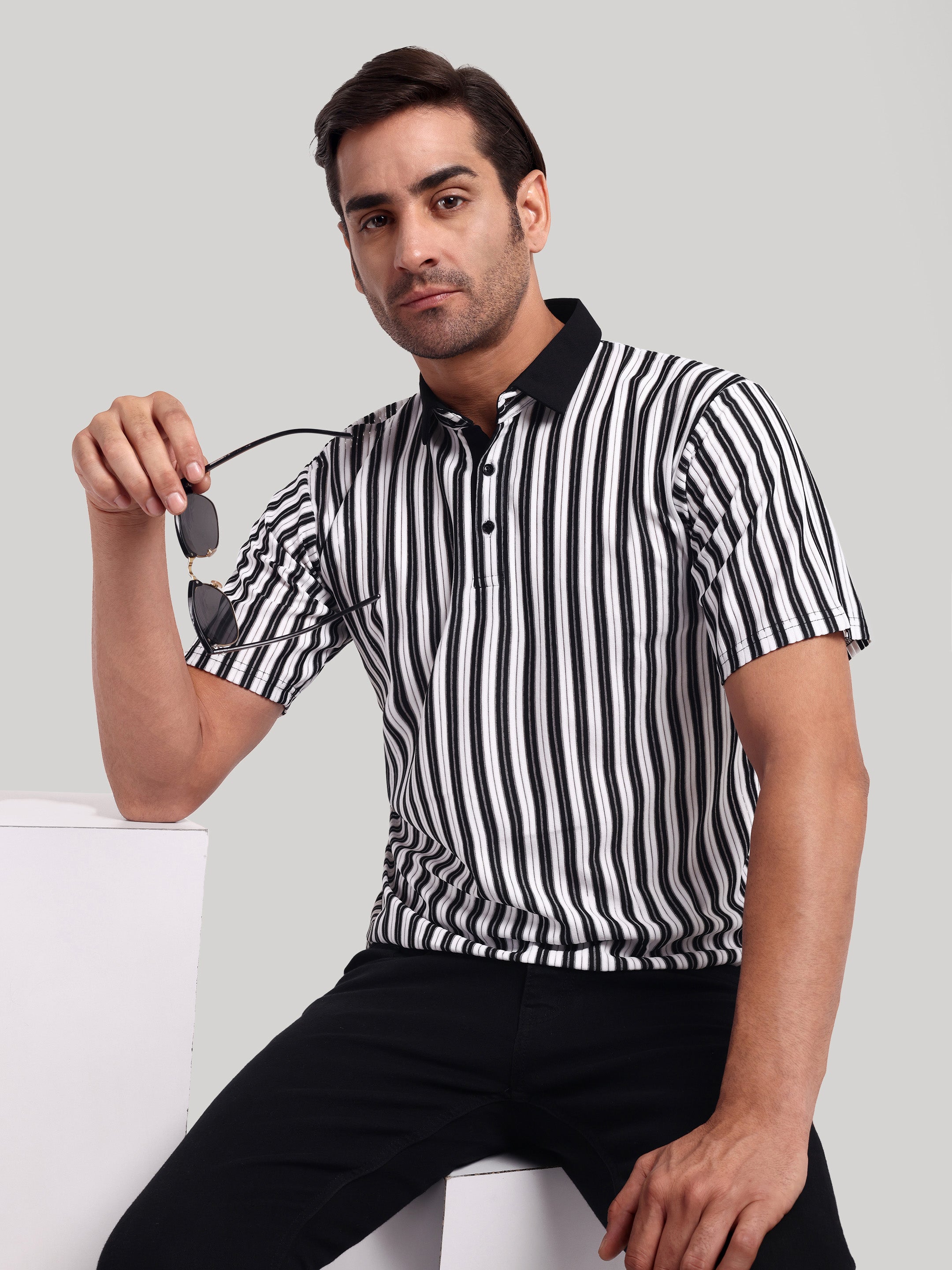 Luxurit Striped Polo Neck Pure Cotton Black & White Men's T-Shirt
