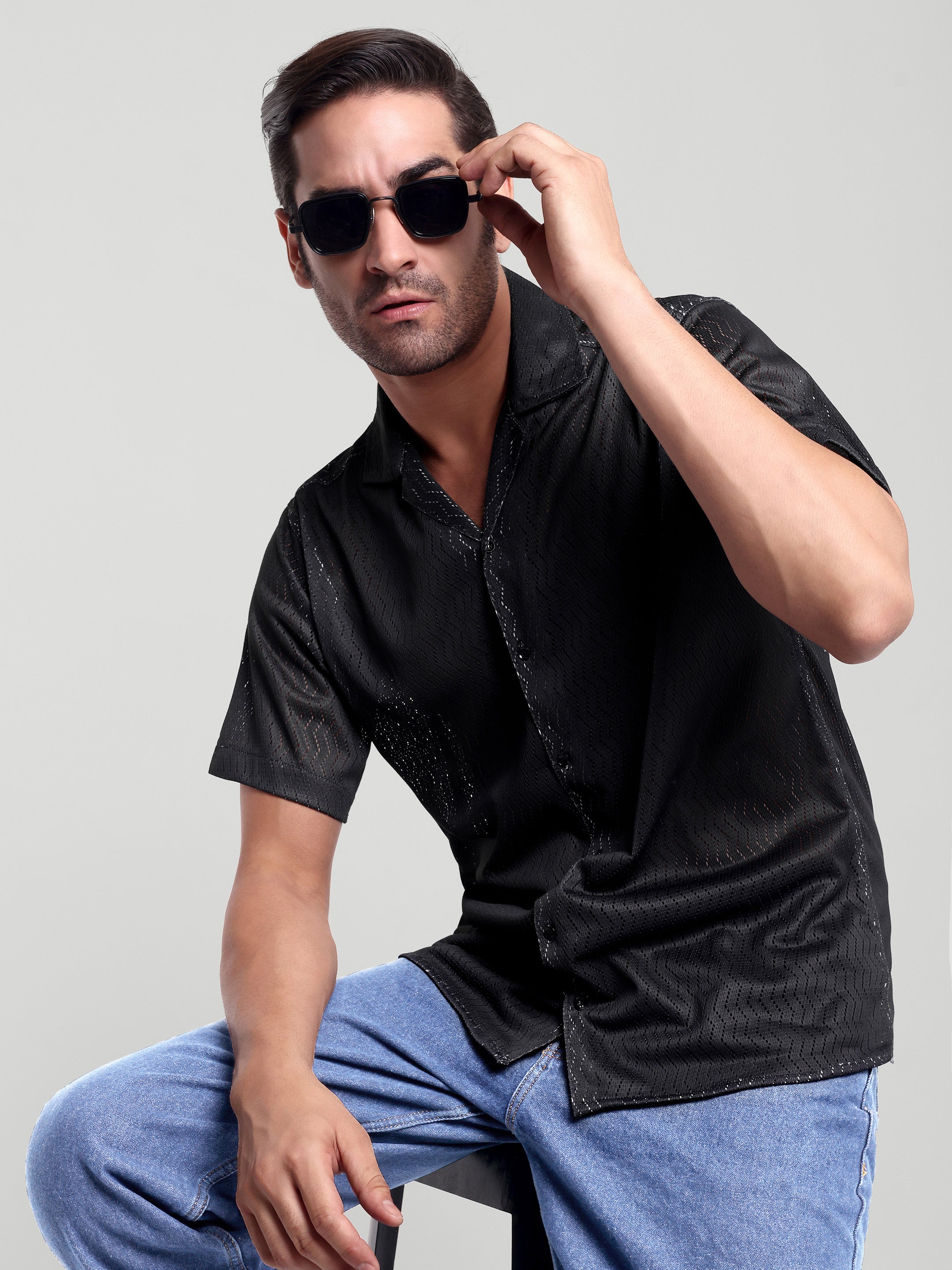 Luxurit Men's Black Textured Short Sleeve Shirt - Stylish and Comfortable
