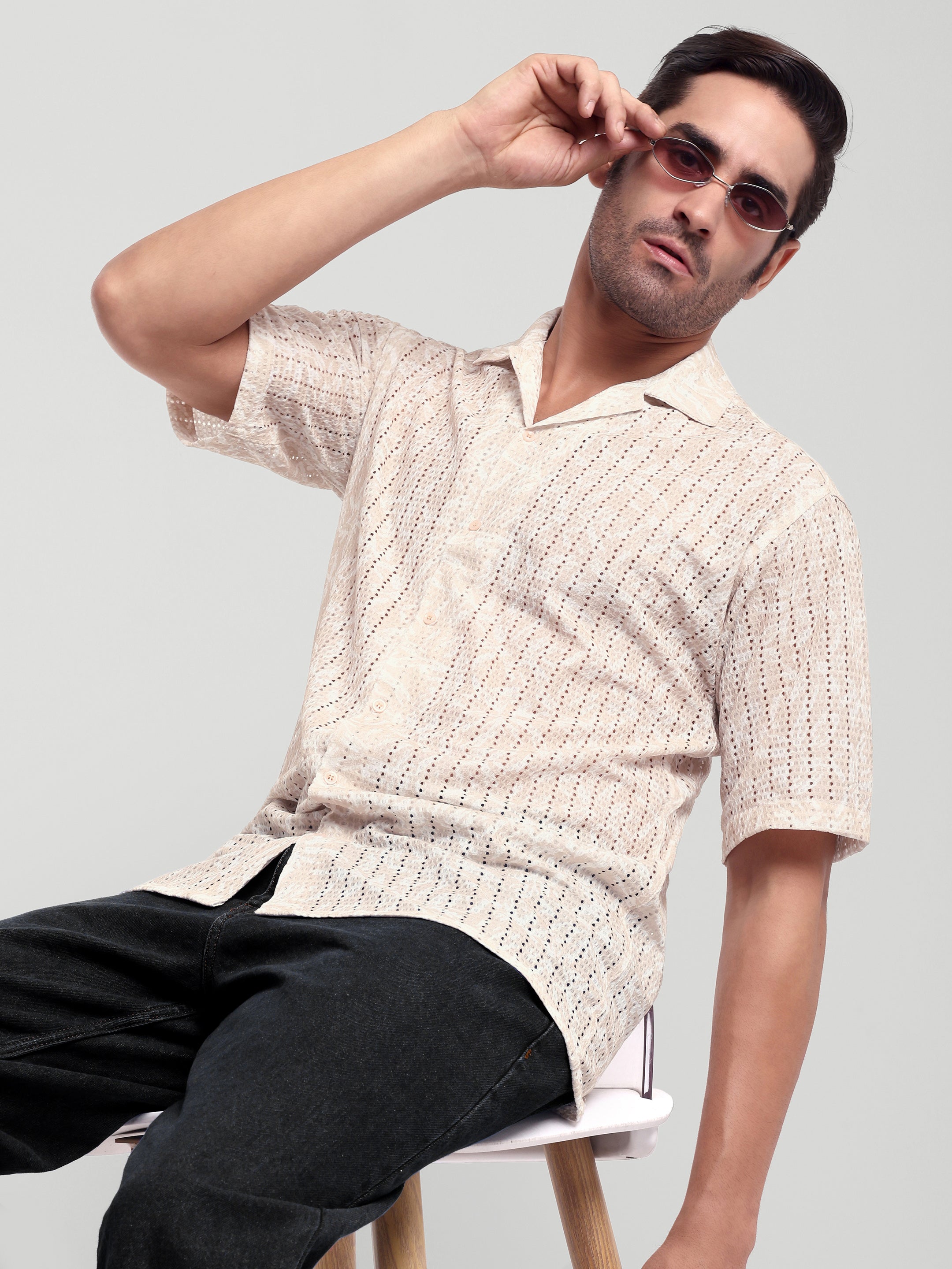 Luxurit Men's Self Design Casual Beige Color Shirt