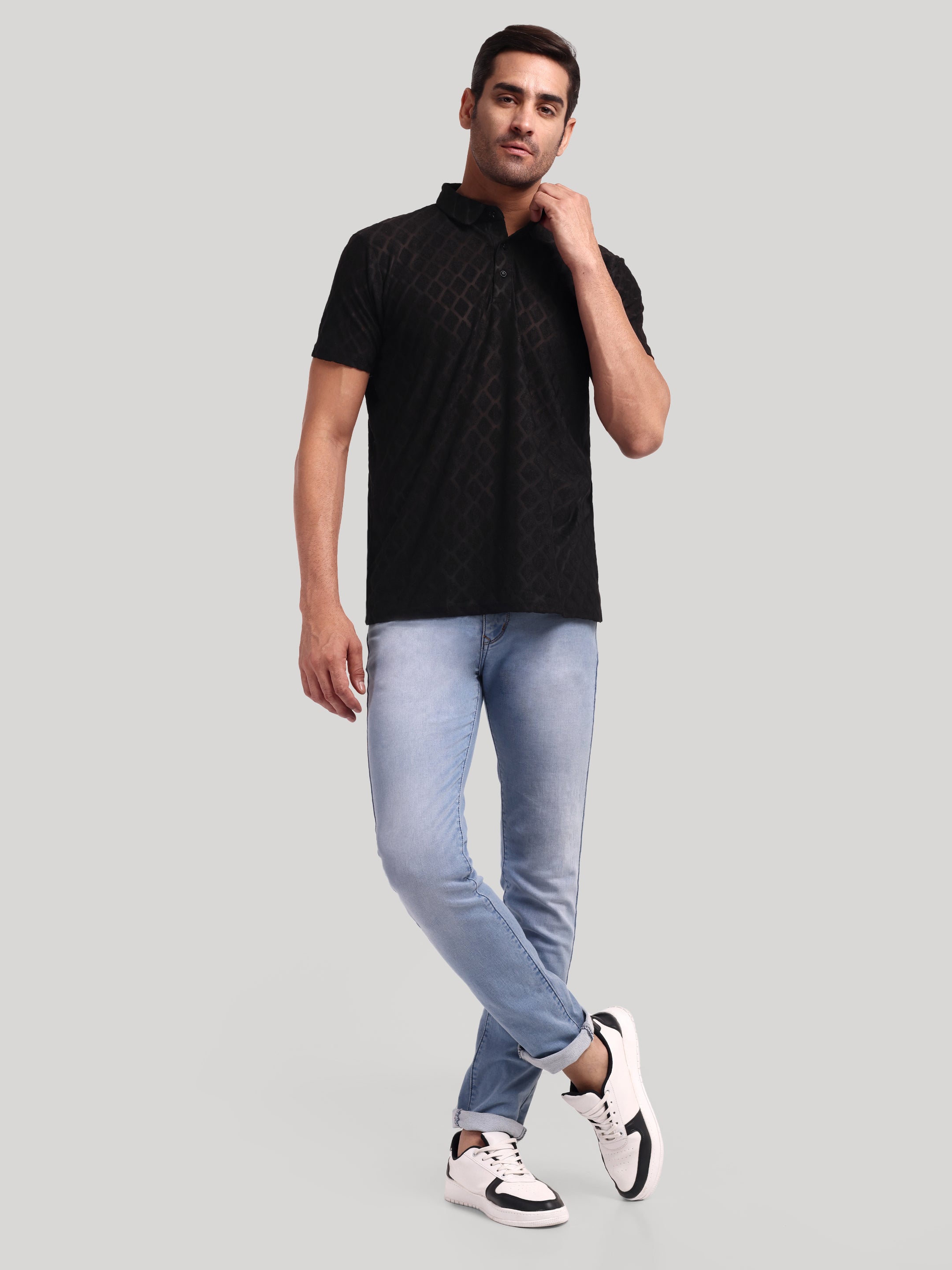 Luxurit Self Design Polo Neck Cotton Men's T-Shirt