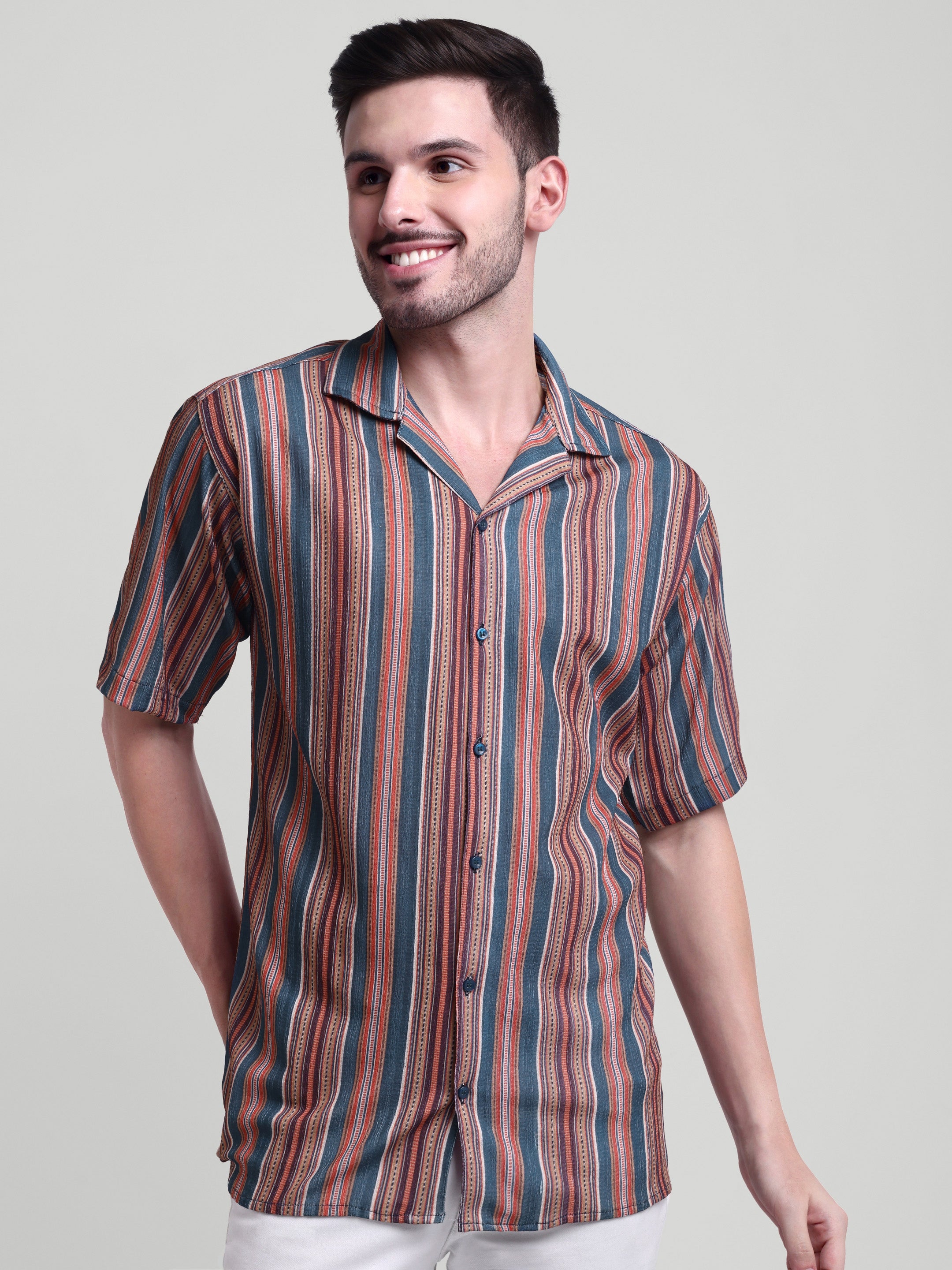 Luxurit Men's Pure Cotton Striped Casual Shirt - Multi-Color, Short Sleeves