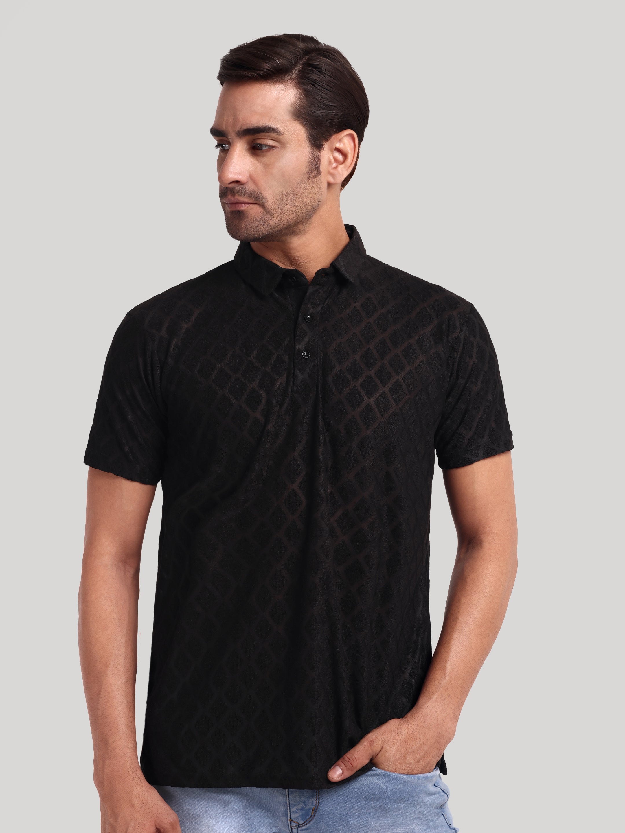 Luxurit Mens Self Design Polo Neck Cotton Mens and Boys T-Shirt - TS06 (IN, Alpha, 2XL, Regular, Black)