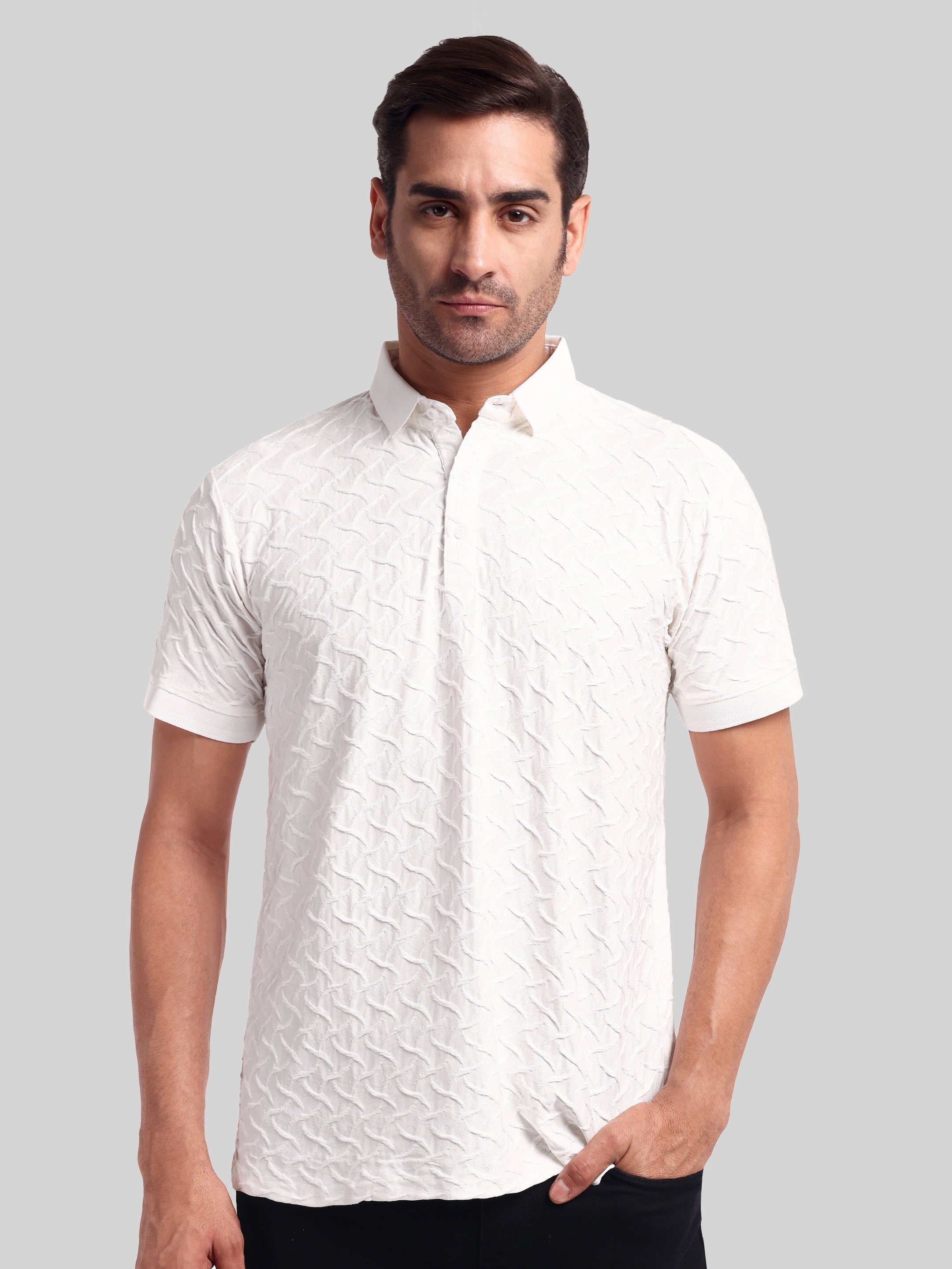 Luxurit Knitted Cotton Embossed Textured Polo Neck Fir Men's T-shirt
