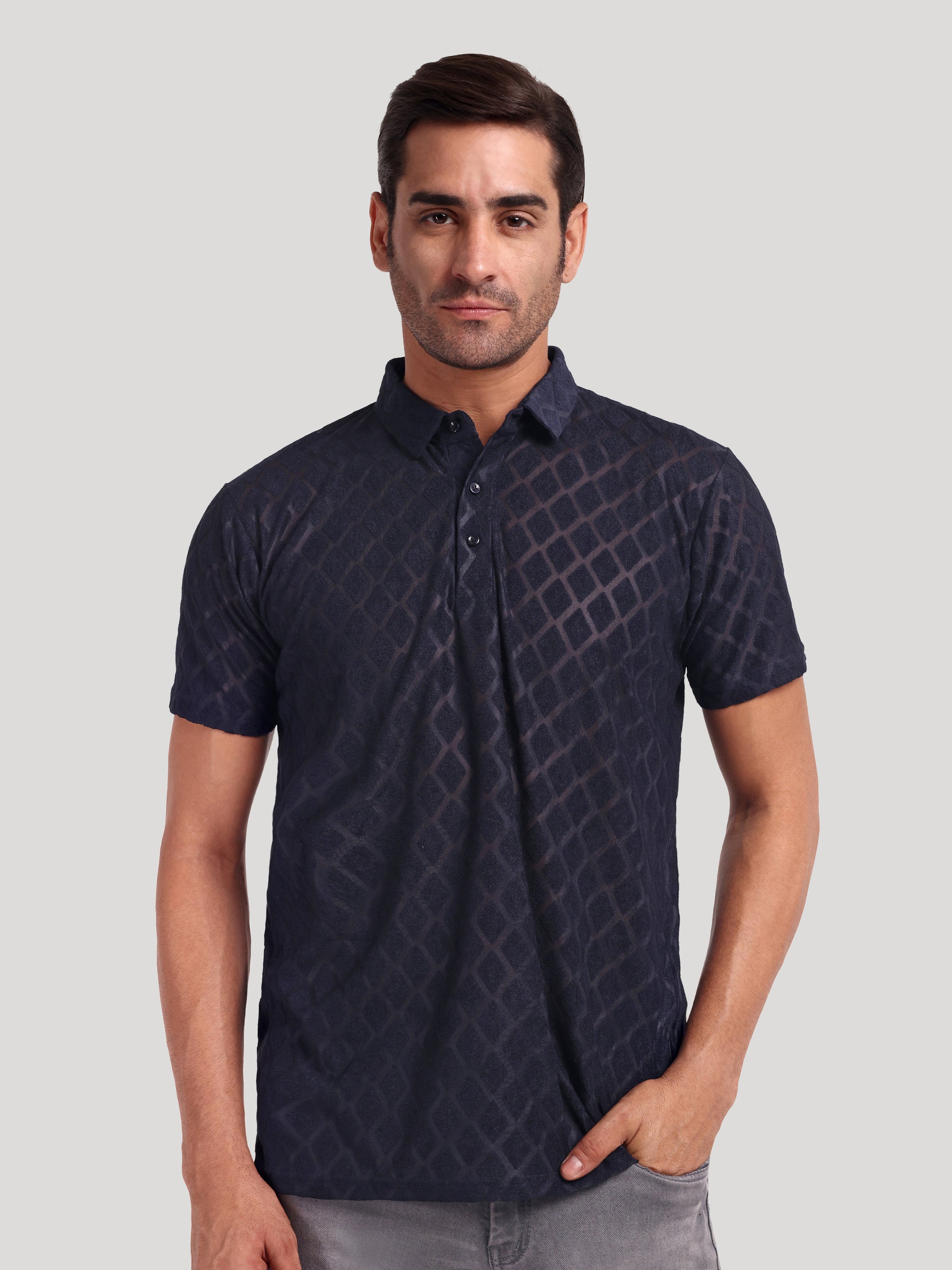 Luxurit Self Design Polo Neck Cotton Men's T-Shirt