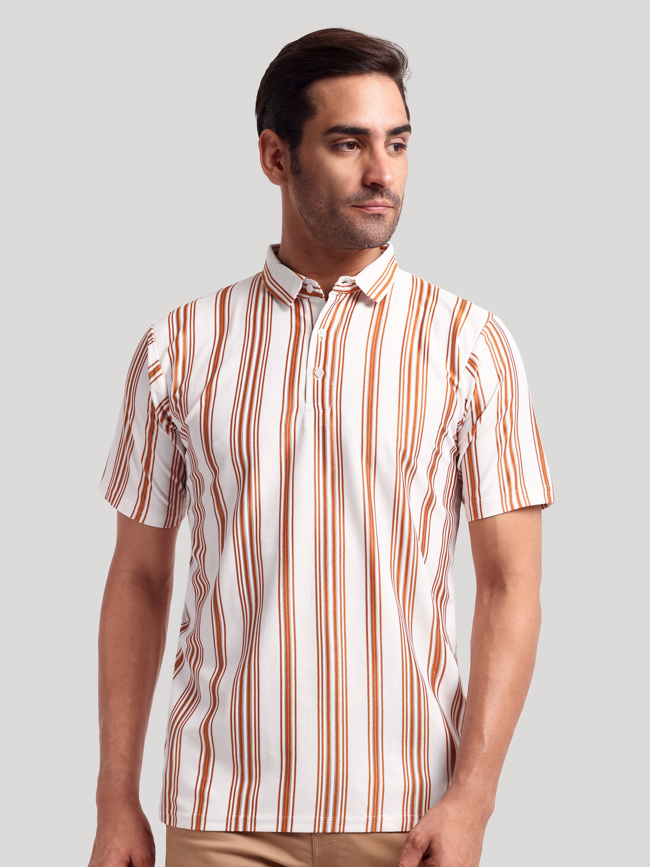 Luxurit Striped Polo Neck Pure Cotton White & Orange Men's T-Shirt