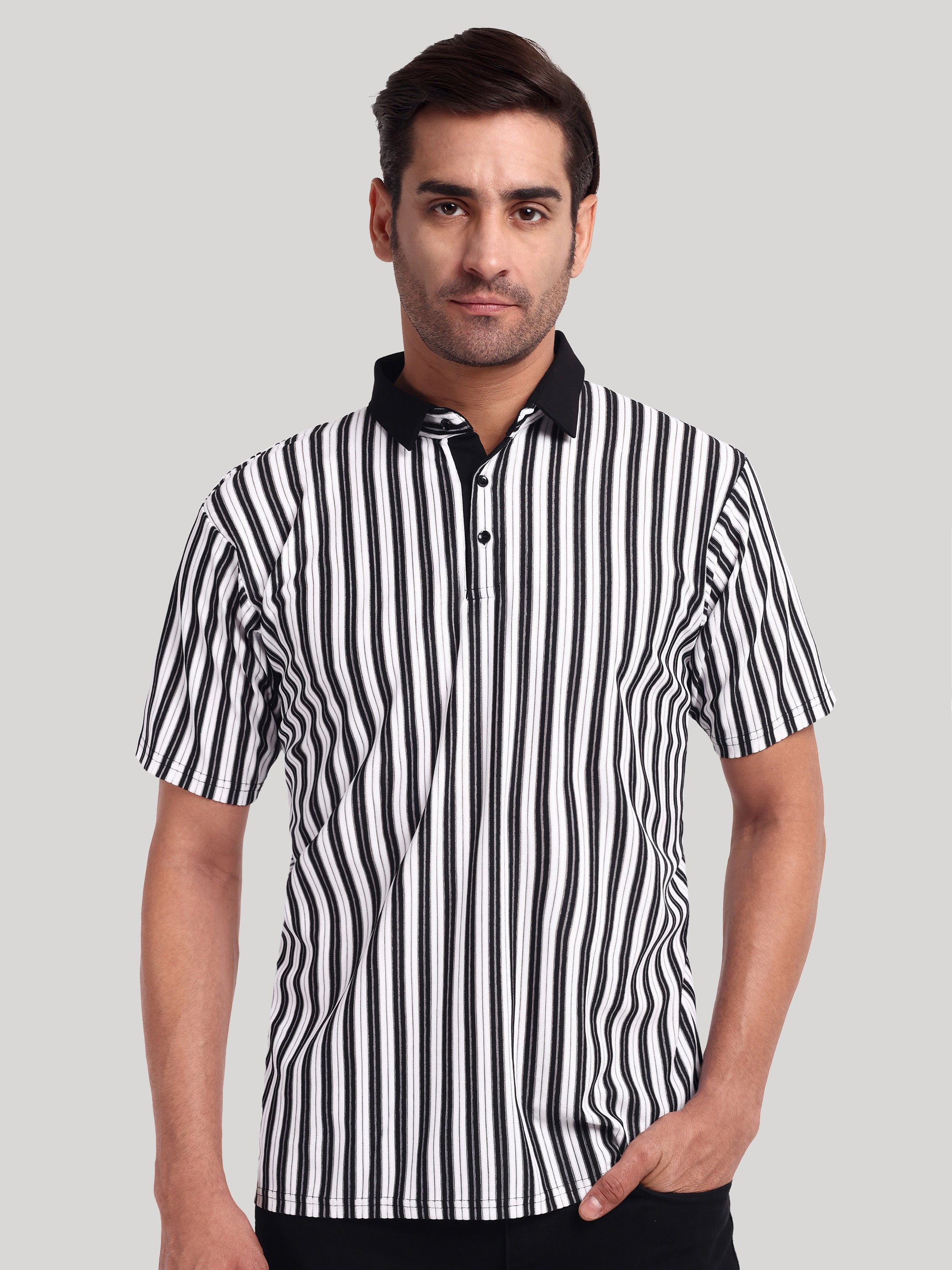 Luxurit Striped Polo Neck Pure Cotton Black & White Men's T-Shirt