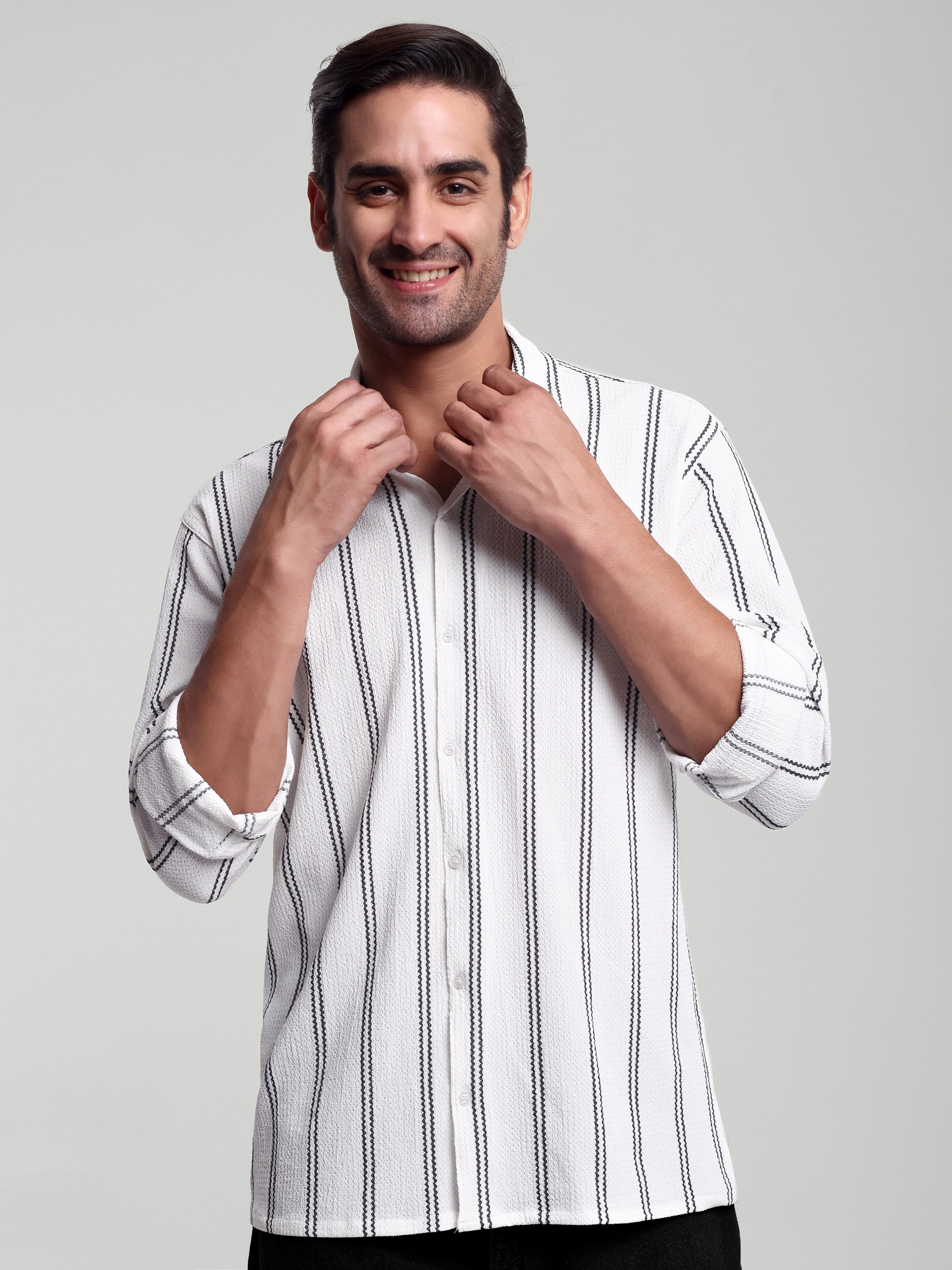 Luxurit Men Relaxed Fit Fit Striped, Self Design Button Down Collar Casual Shirt