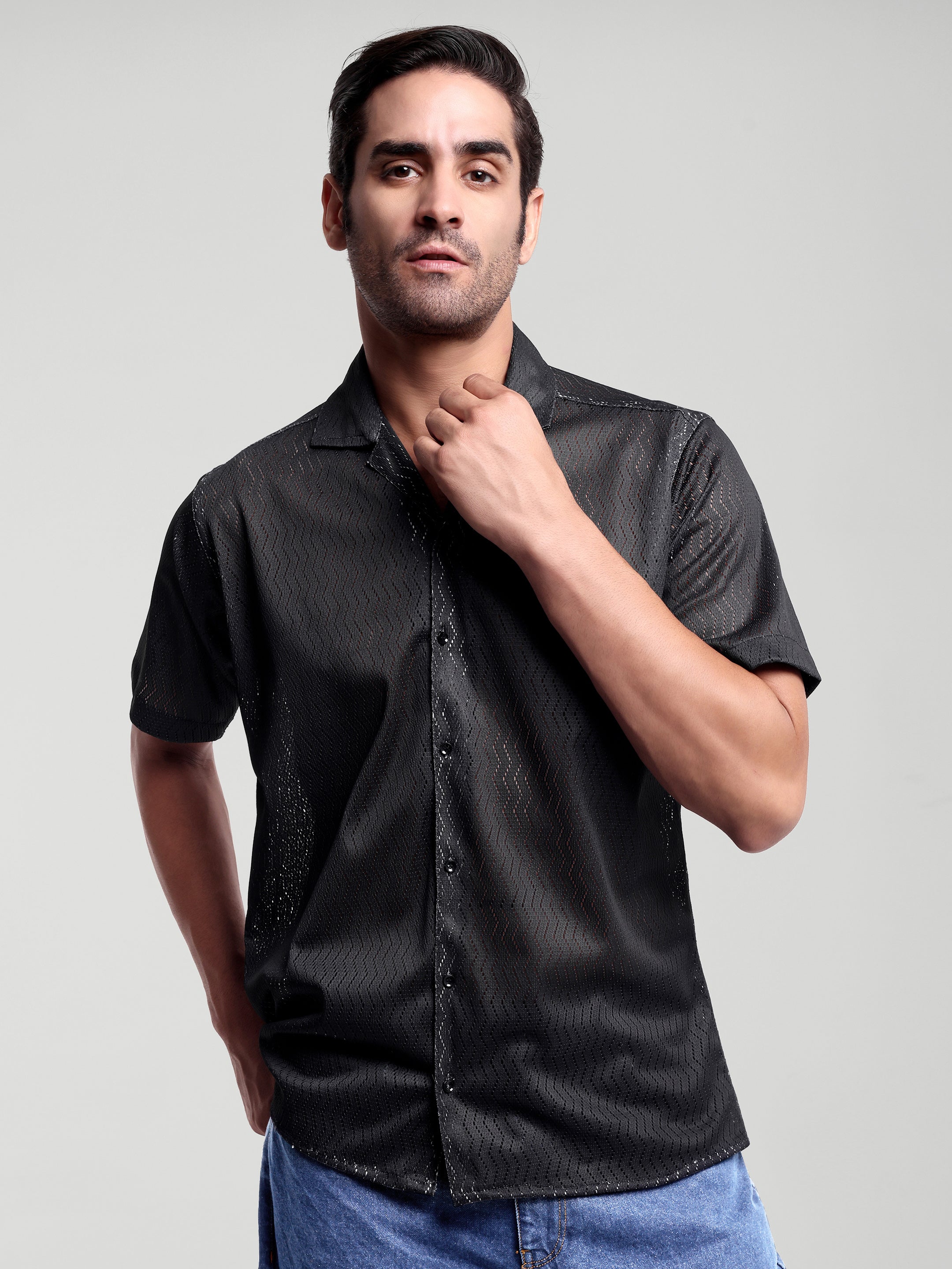 Luxurit Men's Black Textured Short Sleeve Shirt - Stylish and Comfortable