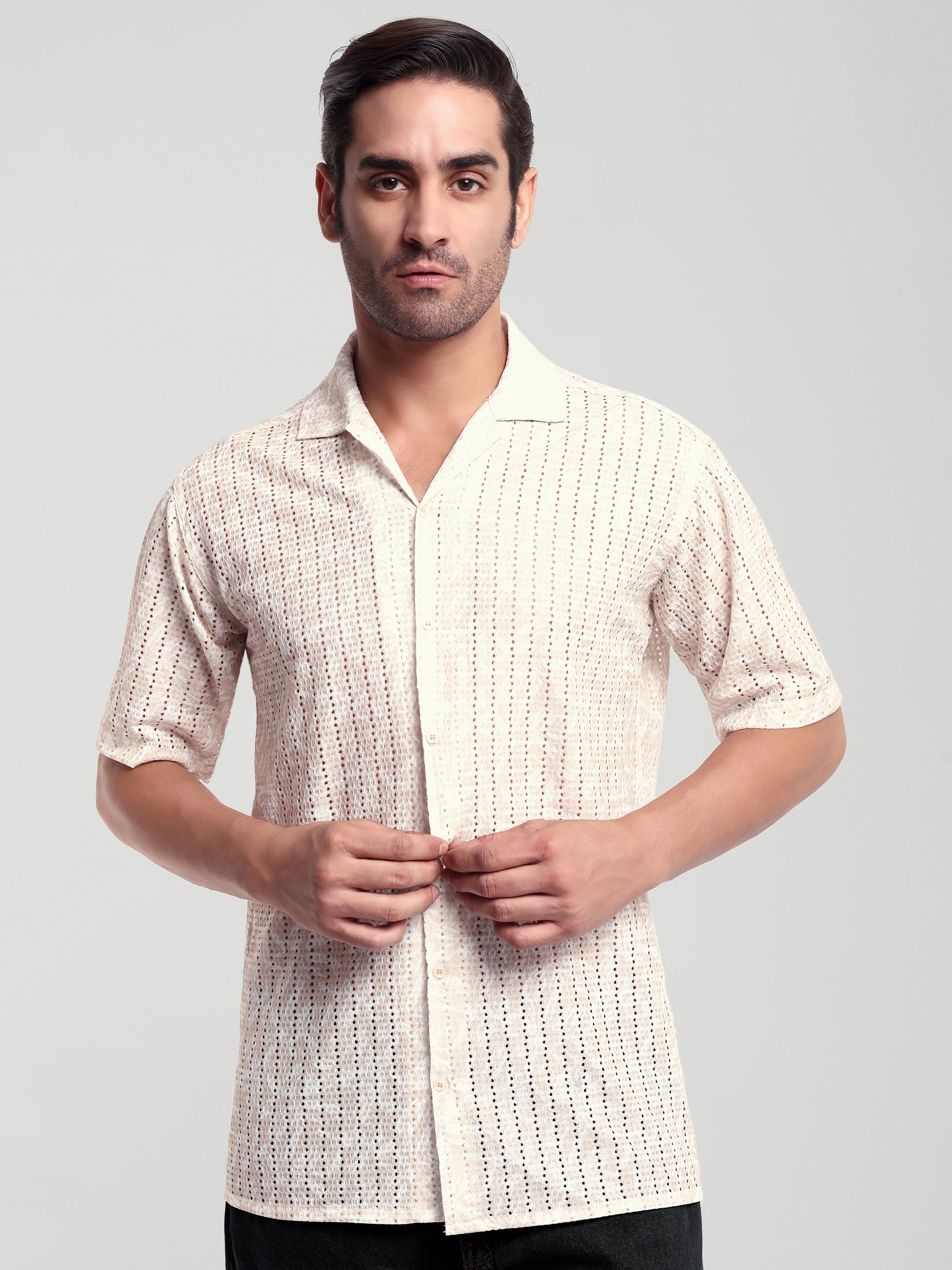 Luxurit Men's Self Design Casual Beige Color Shirt