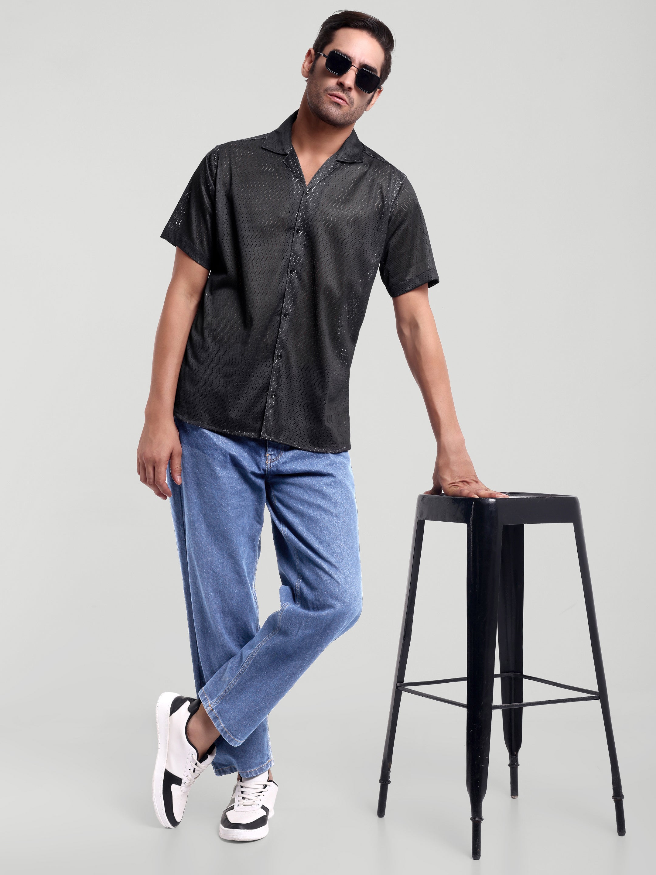 Luxurit Men's Black Textured Short Sleeve Shirt - Stylish and Comfortable