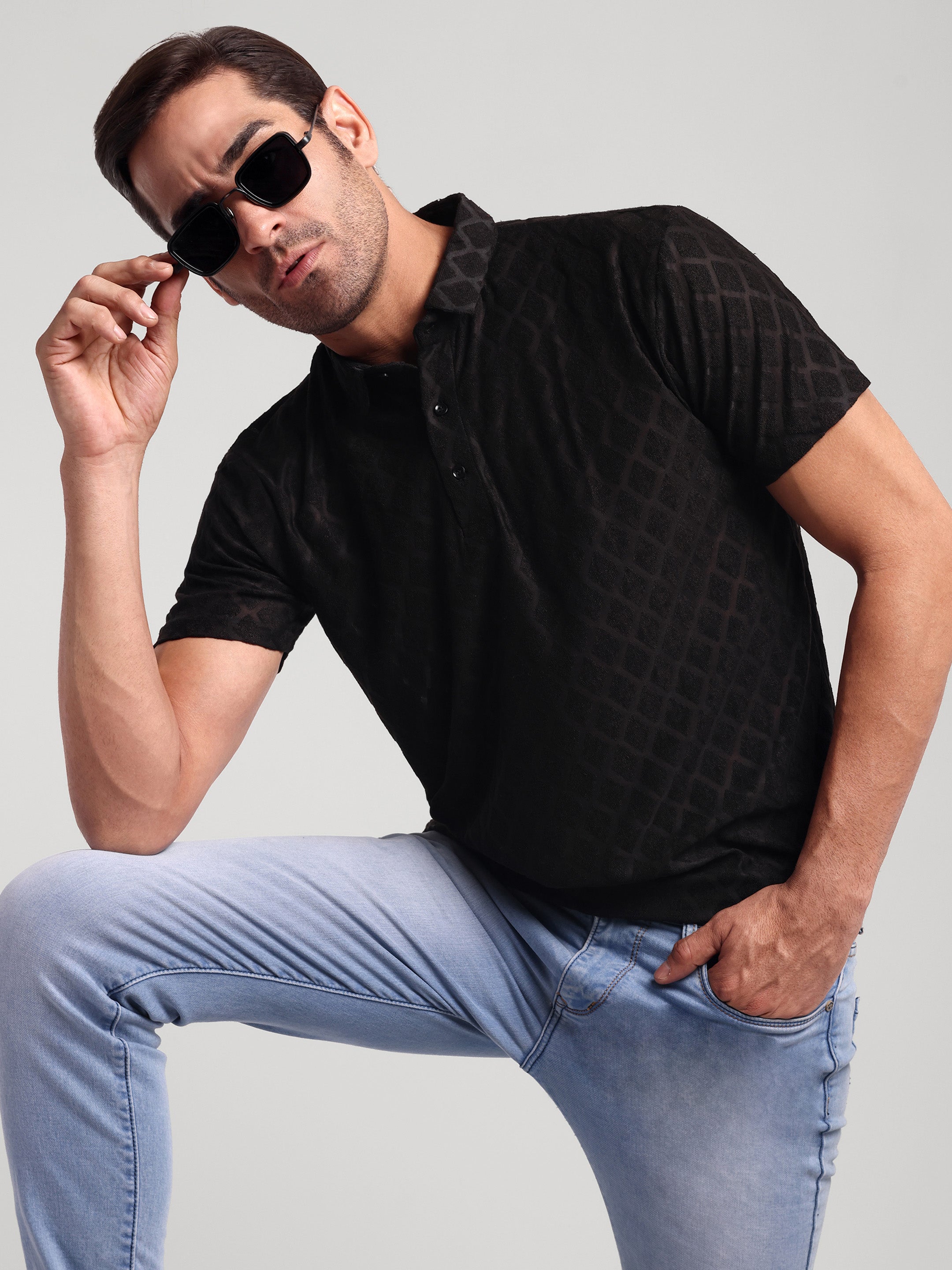 Luxurit Mens Self Design Polo Neck Cotton Mens and Boys T-Shirt - TS06 (IN, Alpha, 2XL, Regular, Black)