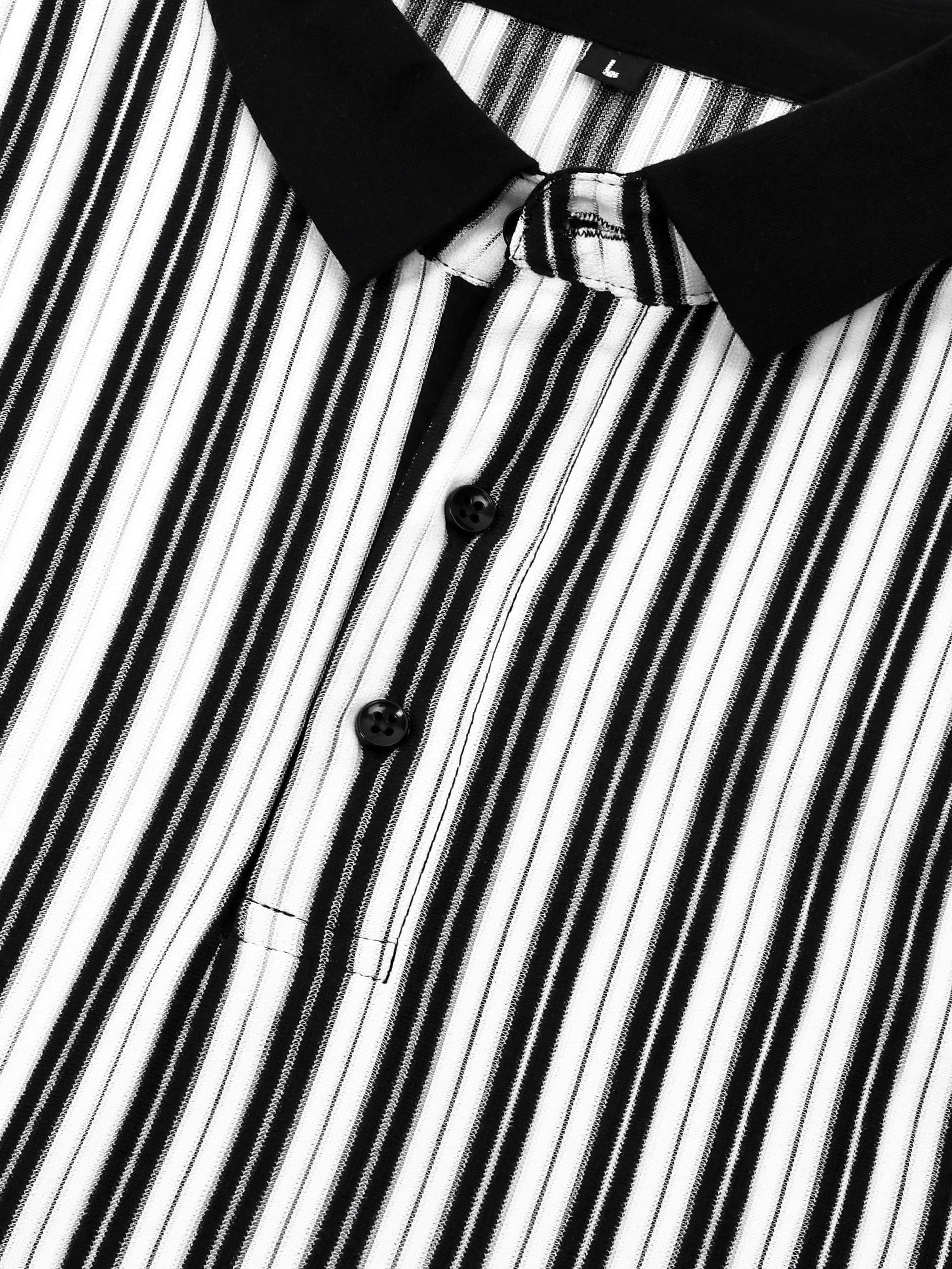 Luxurit Striped Polo Neck Pure Cotton Black & White Men's T-Shirt