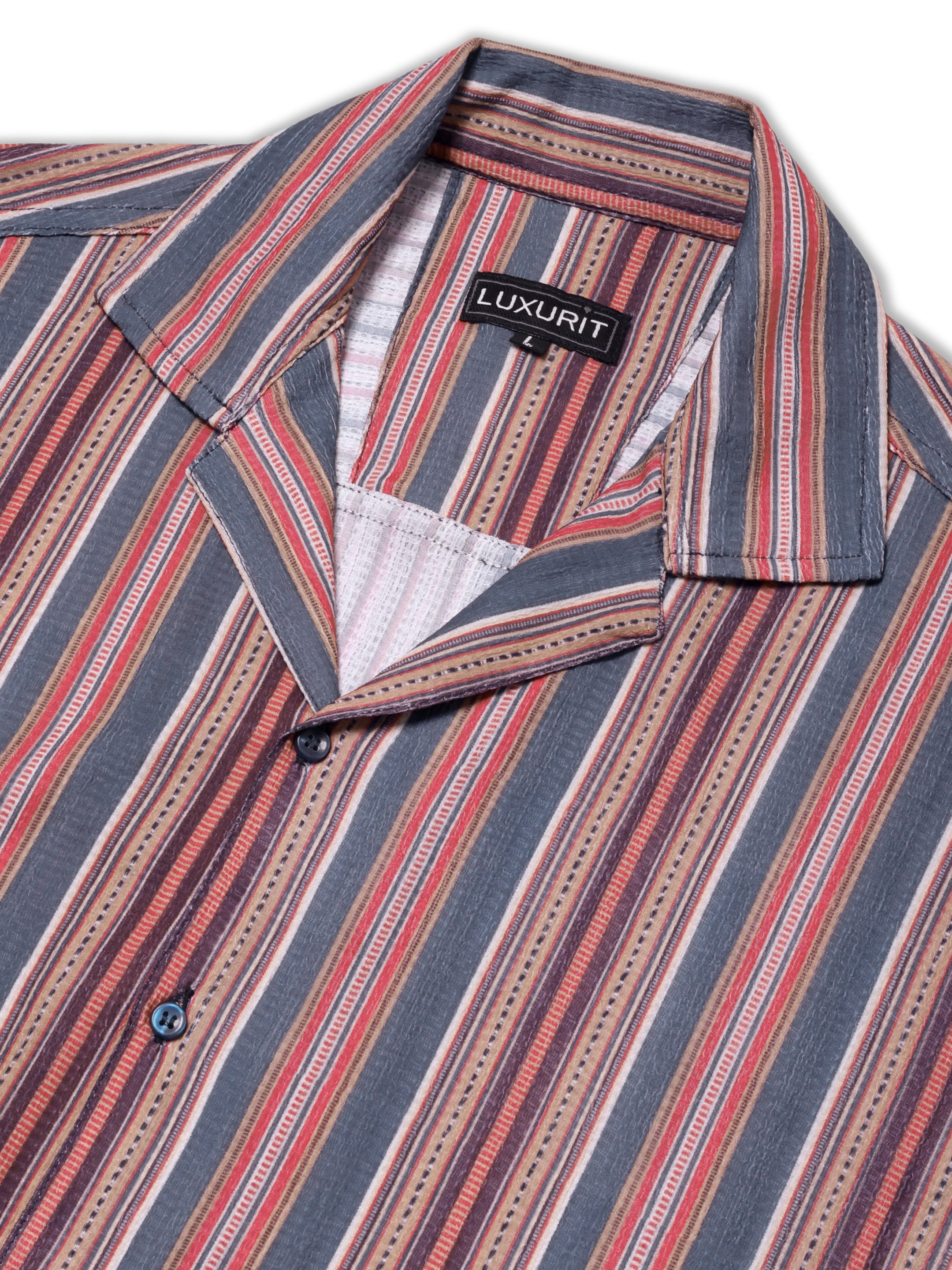 Luxurit Men's Pure Cotton Striped Casual Shirt - Multi-Color, Short Sleeves